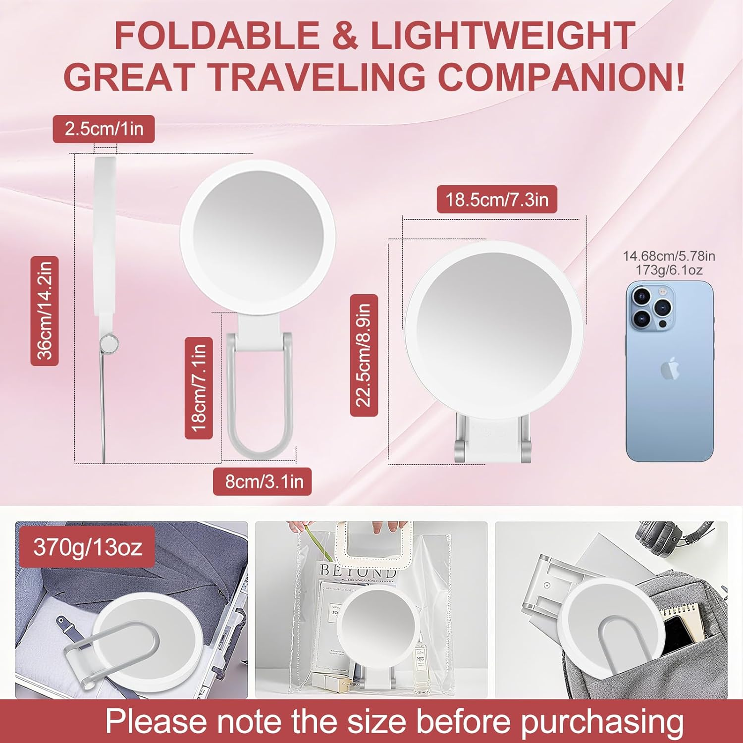 10X /1X Magnifying Mirror with Light, 3 Light Settings, Rechargeable Travel Makeup Mirror with Adjustable Handle/Stand，Folding Double Sided Portable Mirror for Tweezing Travel image number 2
