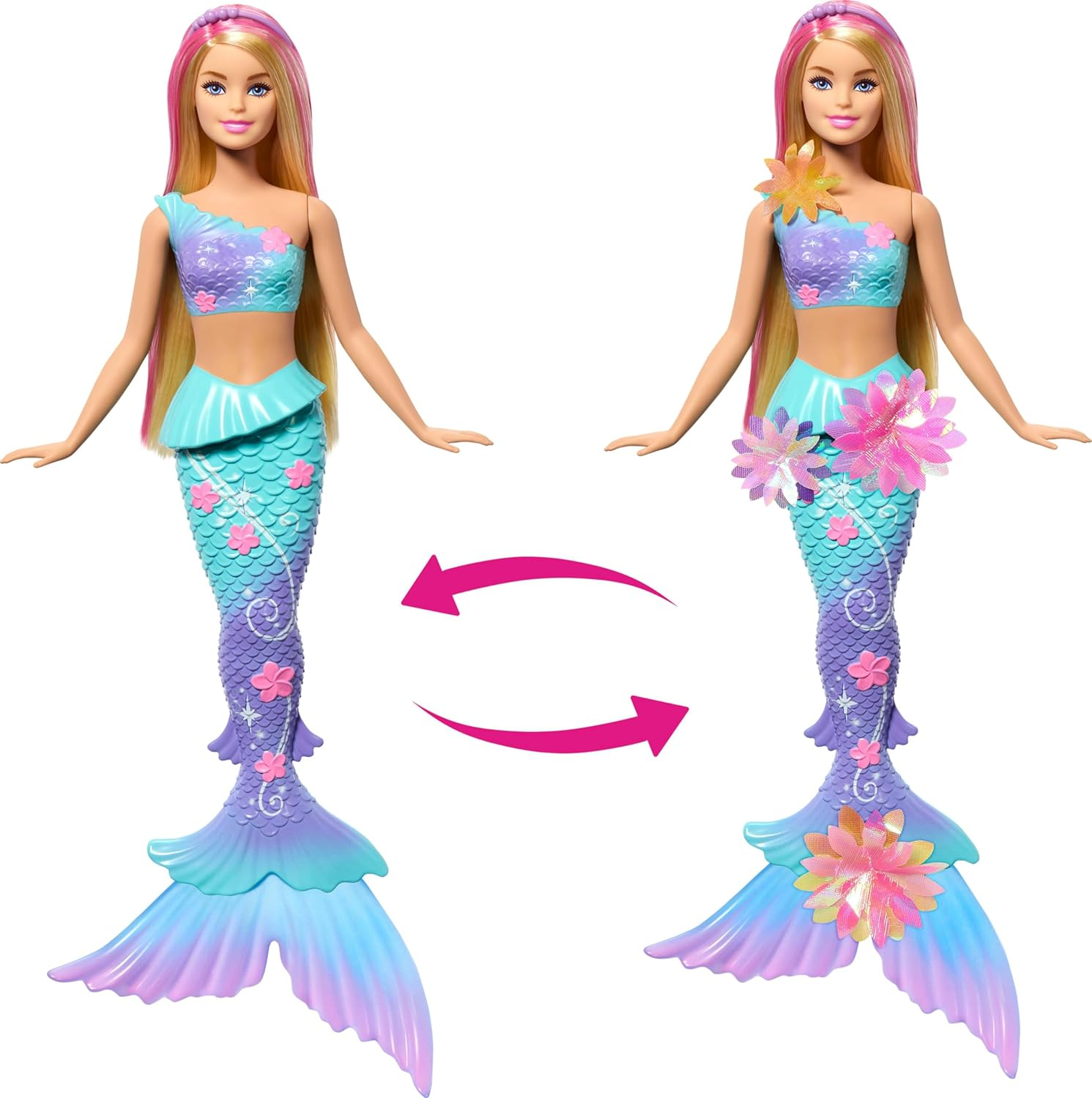 Barbie Mermaid Toy Dolls with Surprise Magic Blooming Flowers Feature, Ombre Tails, Pearl Headband Accessory & Long Blonde Hair with Pink Highlights image number 5