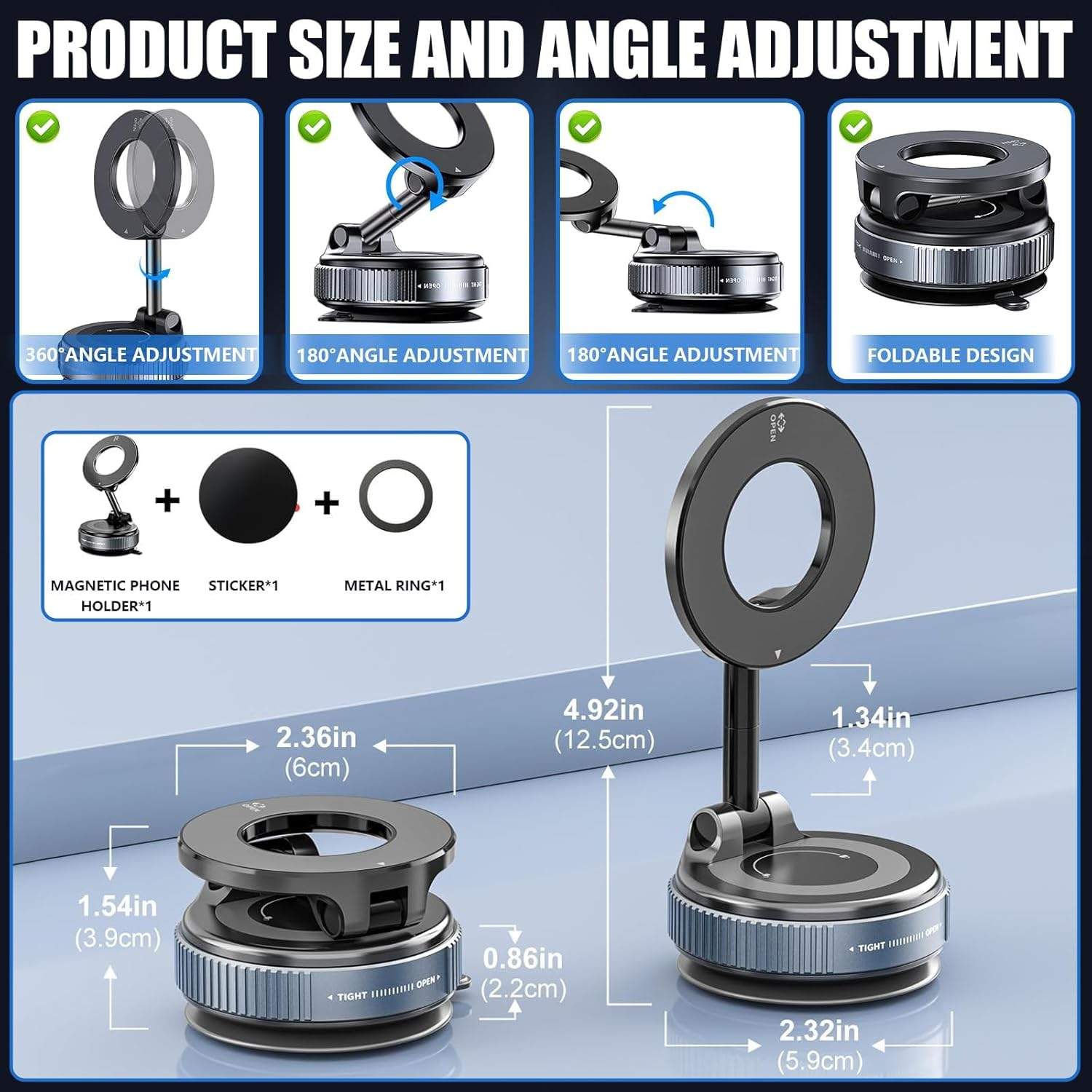 Car Phone Holder,360&deg; Magnetic Car Phone Holder Mount - Super Strong Vacuum Suction, Foldable & Adjustable for Most Mobile Phones, Dashboard/Windshield/Gym Use (Color：Black) image number 4