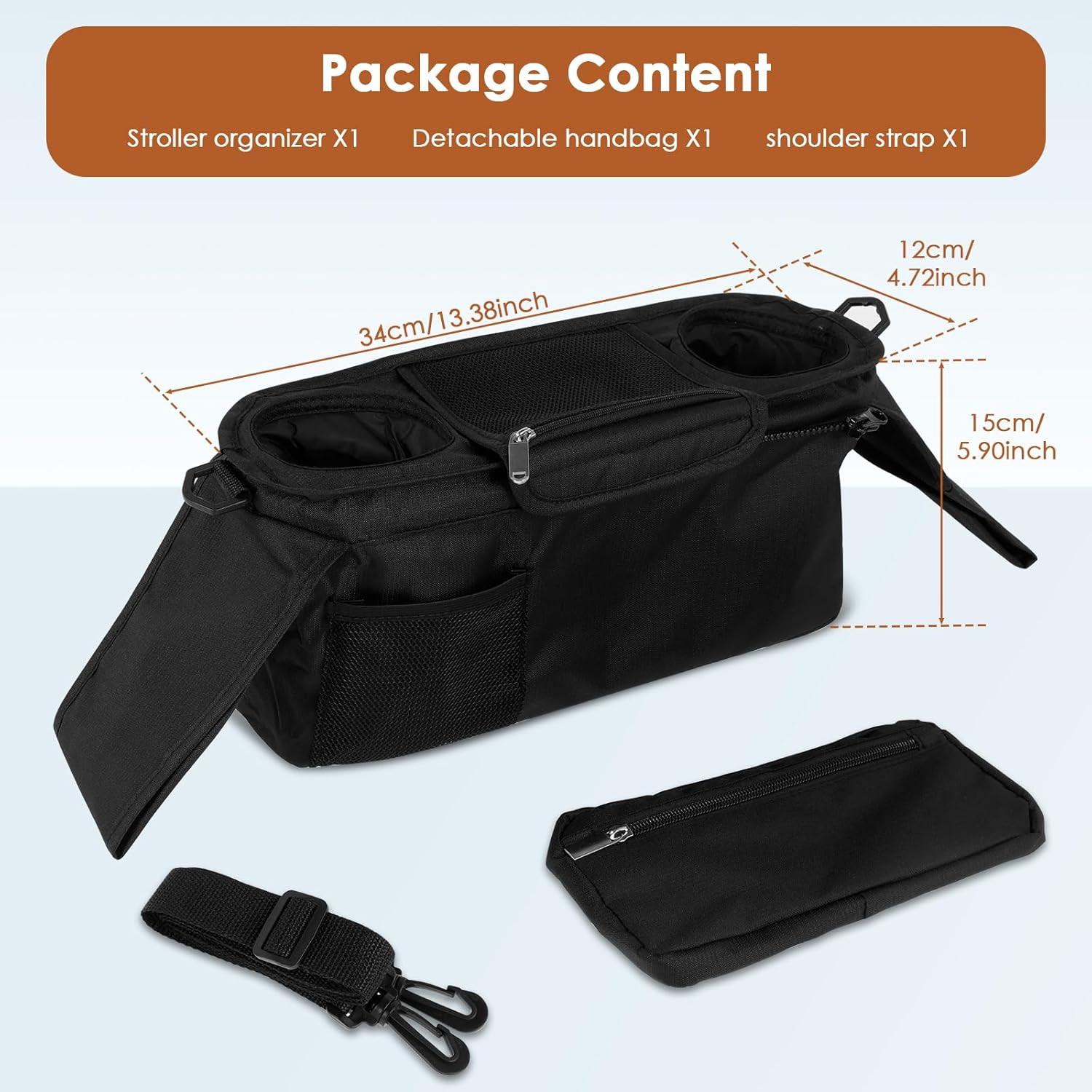 Fxvhojq Baby Stroller Organizer Newborn Baby Girl or Boy Tote with 2 Cup Holder Waterproof Oxford Stroller Caddy Organizer with Detachable Pocket for New Parents, New Mom (Black) image number 6