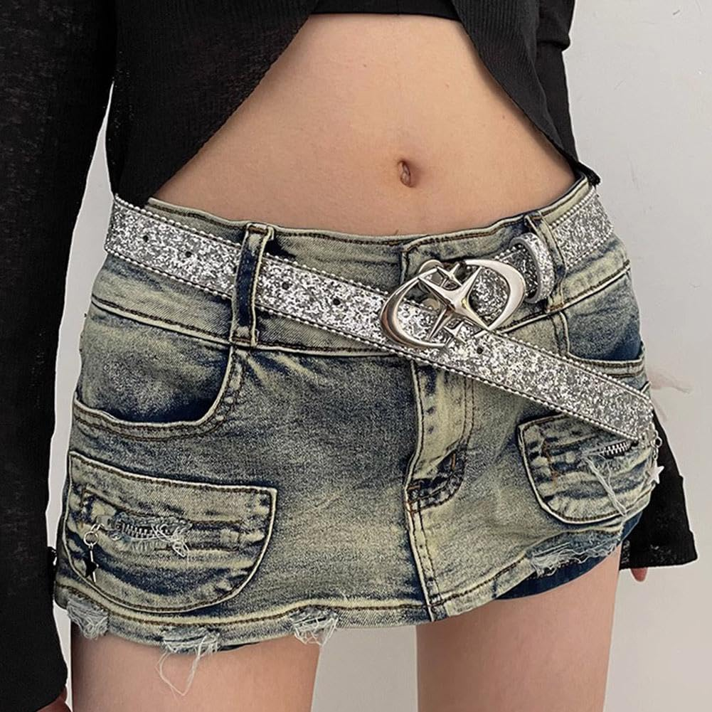 Punk Star Moon Belt Y2K Glitter Rhinestone PU Leather Waist Belt for Women Men Jeans Dresses Gothic Waistband - Black image number 2