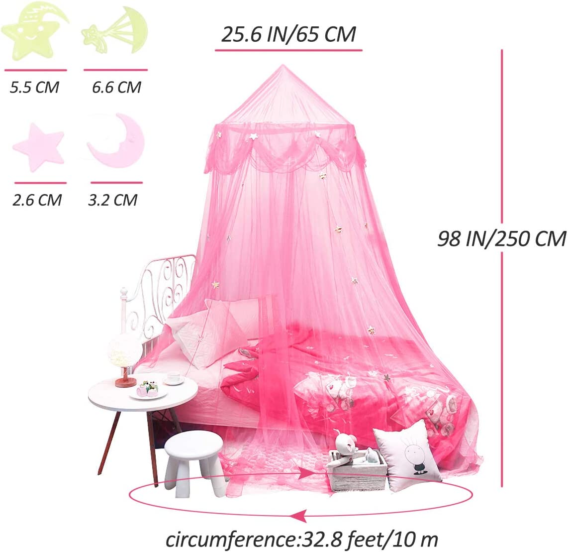 Bed Canopy for Girls with Glow in the Dark Stars Moons, Princess Canopy Dome Mosquito Net Birthday Gifts for Kids Bedroom Decor Pink