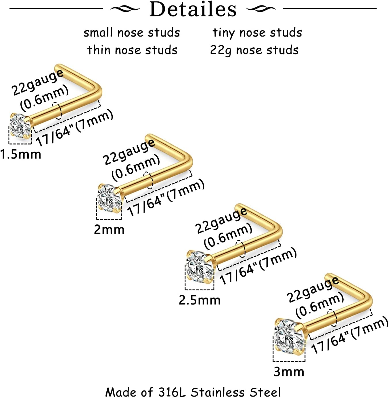 MODRSA 18G 20G 22G 8Pcs Surgical Steel Nose Rings Studs 2Mm Colorful round CZ L Shaped Nose Piercing Jewelry image number 3