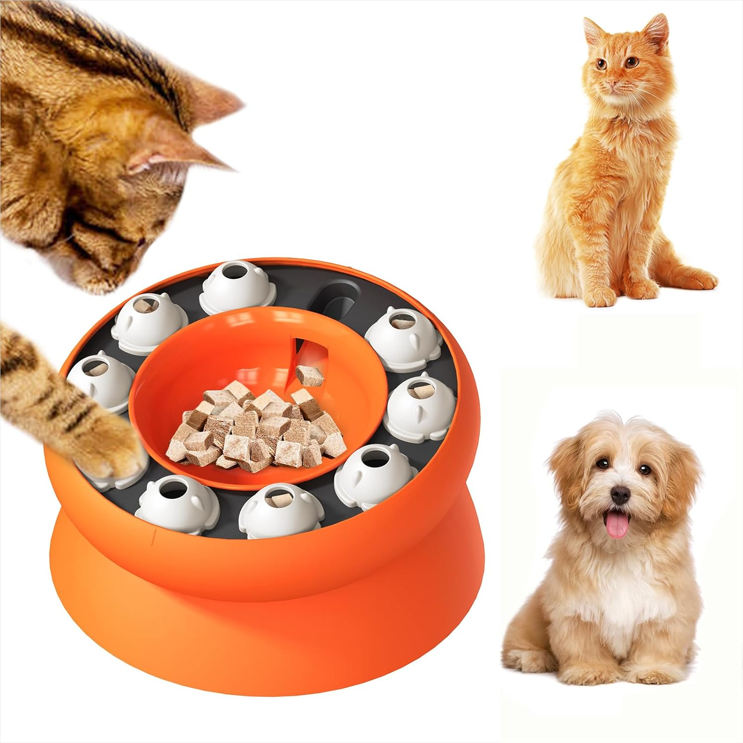 Interactive Slow Feeder & Puzzle Toy for Cats and Small Dogs - Treat Dispenser, Spill-Proof Food Bowl for Mental Stimulation, Foraging & Fun (Orange)