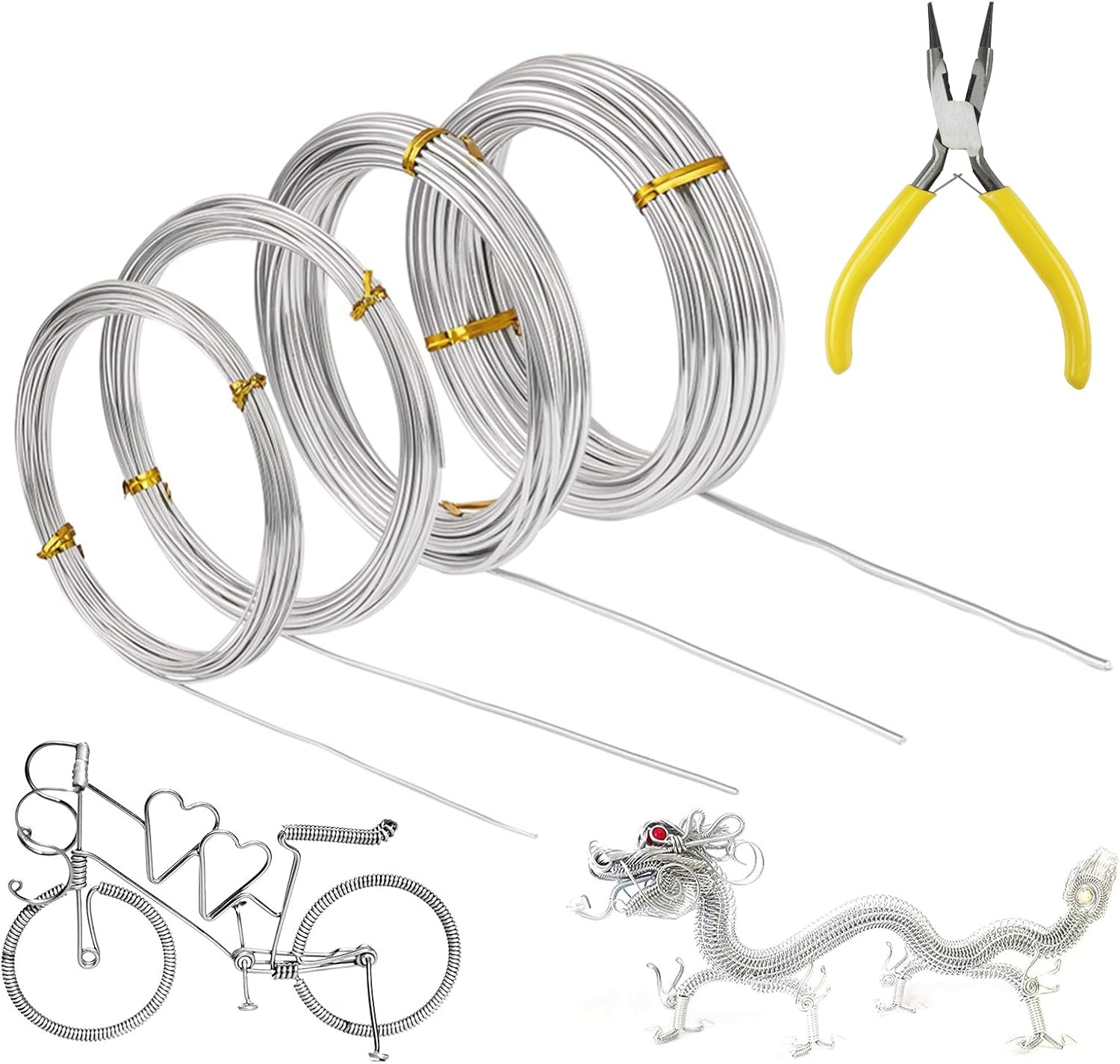 Rstigiker Craft Wire, 4 Rolls Silver Aluminum Wire, 0.8Mm, 1.0Mm, 1.5Mm, 2.0Mm Flexible Metal Wire for Jewellery Modelling Making, DIY Sculpture and Crafts (5M/Roll) image number 1