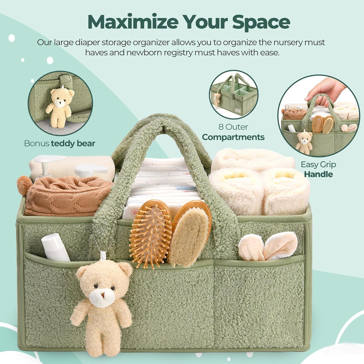 Baby Nappy Caddy Diaper Caddy Organizer, Baby Storage Basket for Diapers and Wipes (Green, with Bear) image number 5