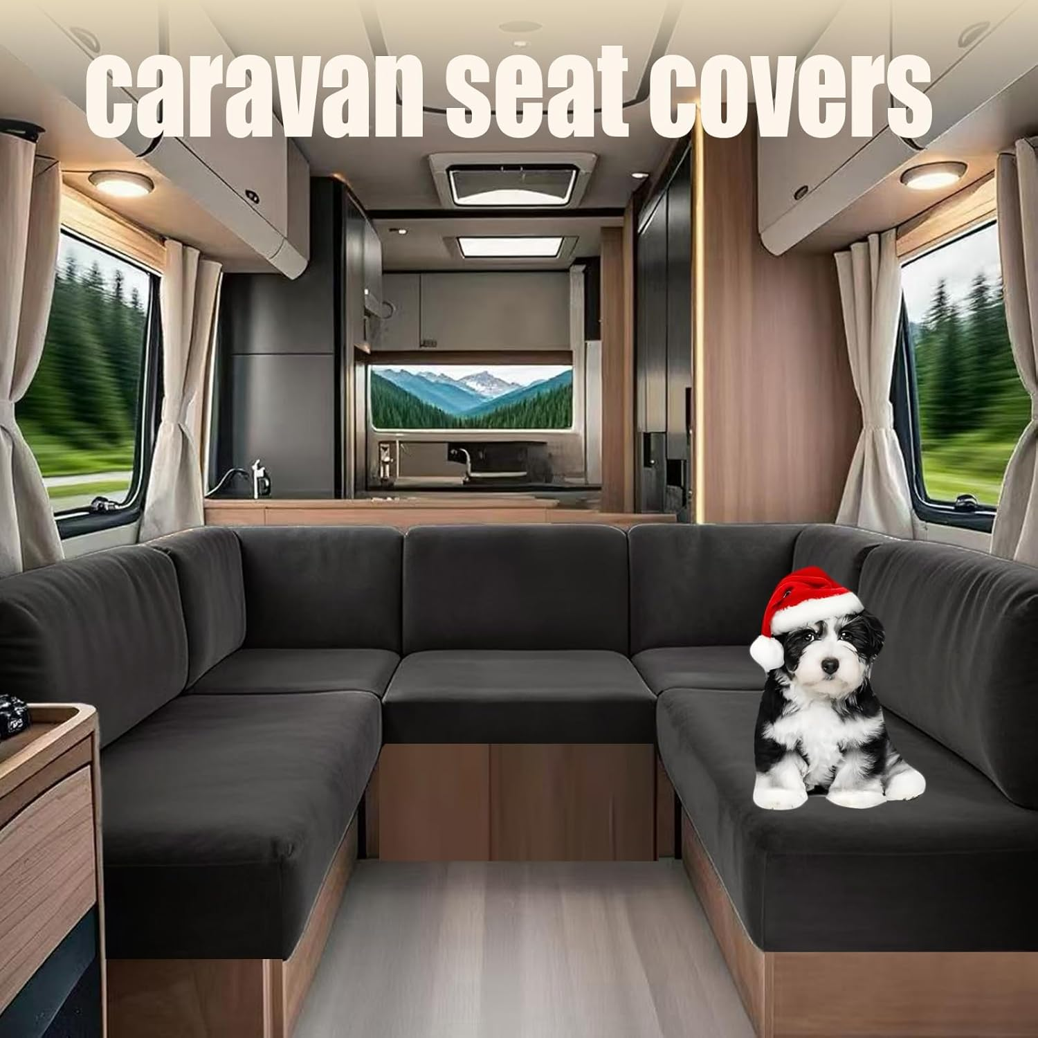 YMEOW Stretchy Caravan Cushion Covers, Washable Non-Slip RV Dinette Bench Covers with 2 Fastening Straps,Cover Protector for Camper Sofa Seats&Backrest (Dark Grey,3 Seater)