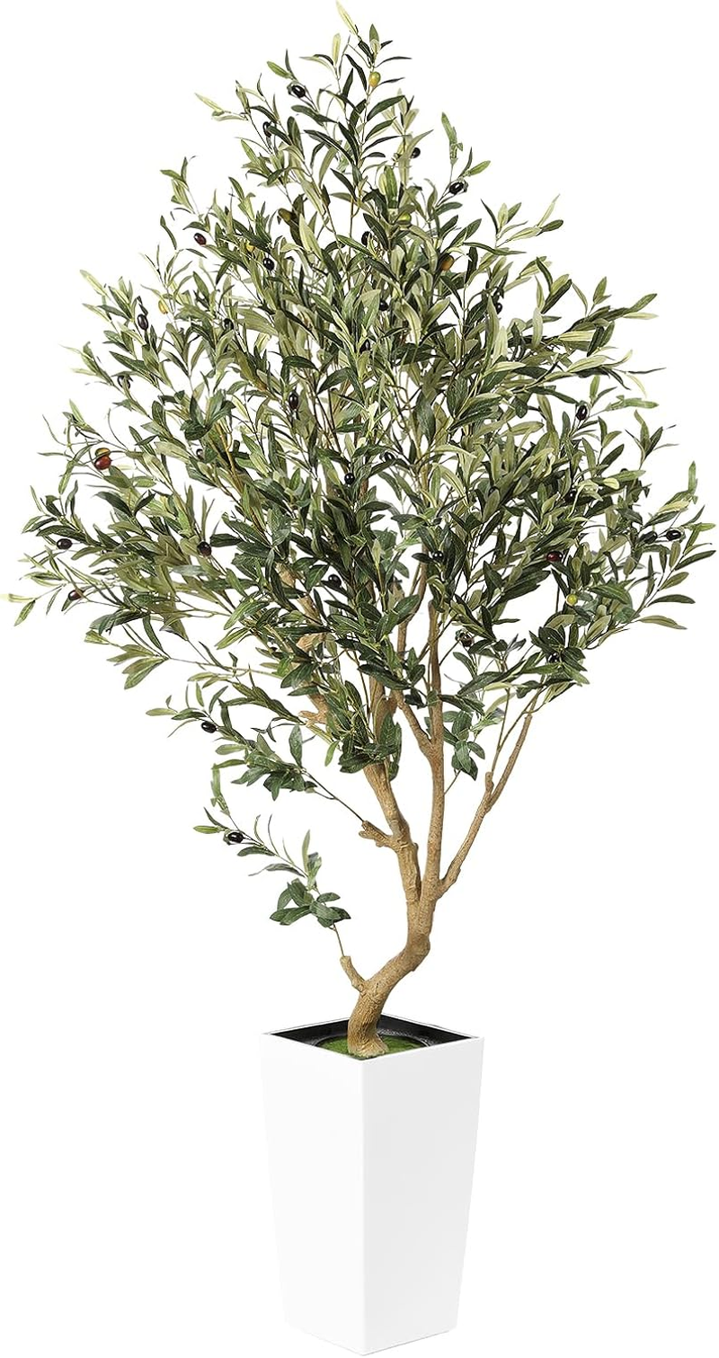 PHYTREE Artificial Olive Tree, 5.5FT Faux Olive Tree with White Tall Planter, Large Fake Potted Olive Plants with Lifelike Fruits and Realistic Trunk, Artificial Trees for Home Office Decor Indoor