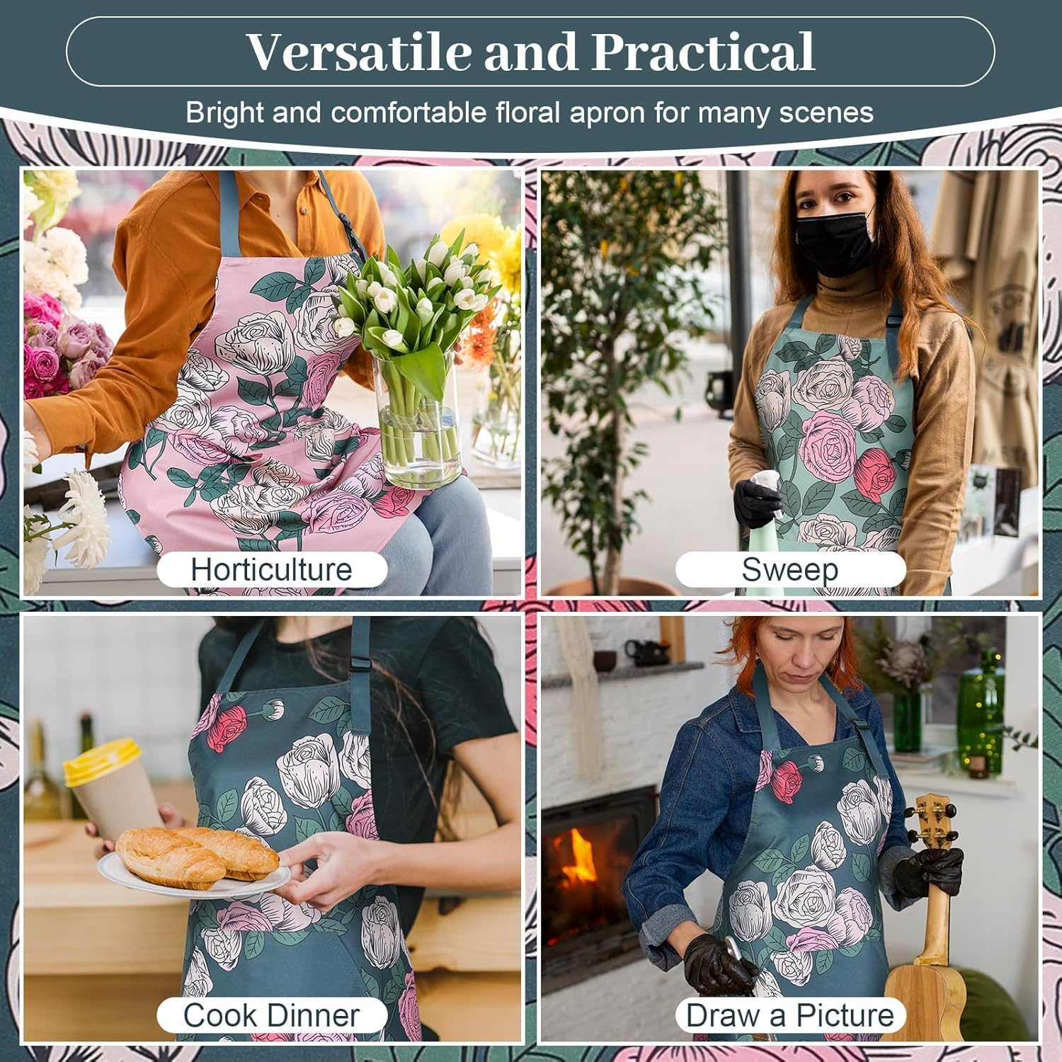 3 Pack Floral Aprons for Women with Pockets, Women Aprons Waterproof Adjustable Cooking Aprons for Kitchen, Gardening, Baking, Salon image number 2