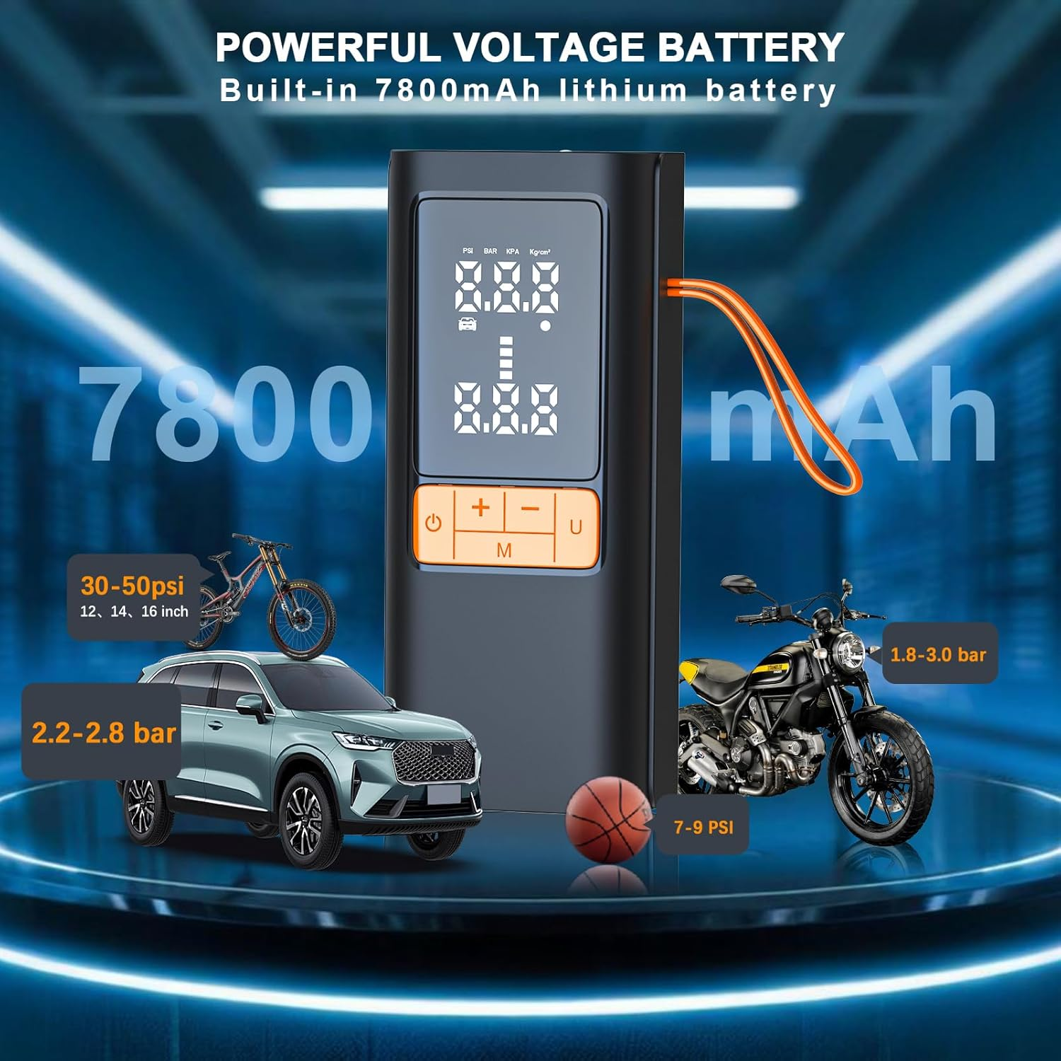 Tyre Inflator Portable Air Compressor, 7800Mah and 150PSI Cordless Air Pump with Pressure LCD Display for Cars, Motorcycles, Bicycles, Ball Bikes with Tire Pressure Gauge, Dual-Use Type image number 3