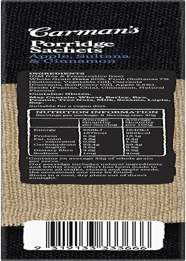 Carman'S Gourmet Porridge Sachets Apple, Sultana & Cinnamon, 8-Pack (320G) image number 1