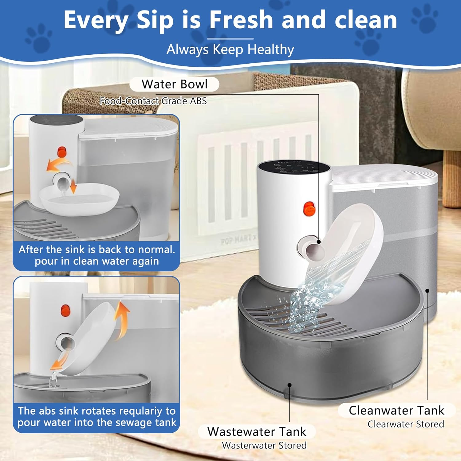 Oiuyamn Smart Pet Water Fountain - 3L Capacity, Anti-Accidental Touch Mode, Clean and Separable Design, No Filter Needed, Perfect for Dogs and Cats (White)，Always Fresh Water image number 6