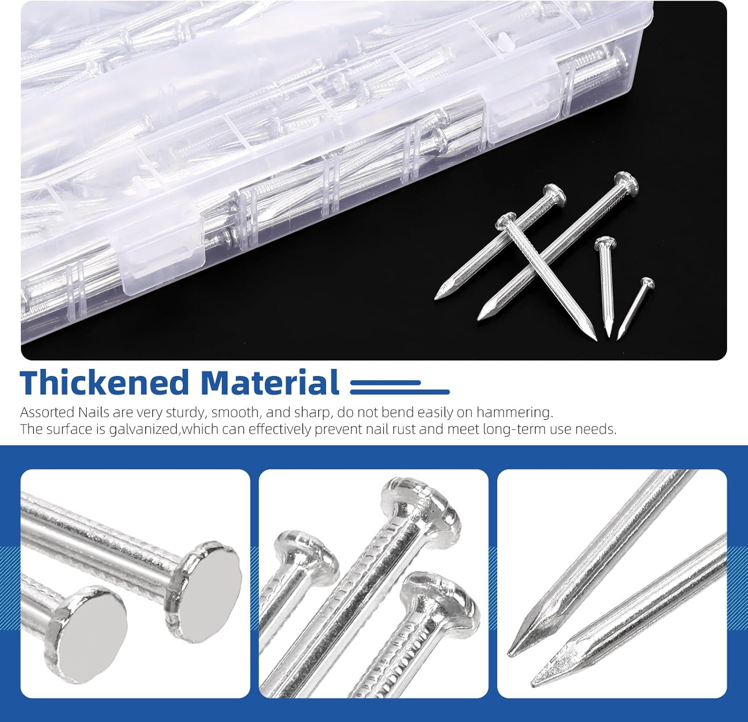 Glarks 300Pcs 20/30/40/50/60Mm Brick Steel Nails Kit, White Zinc Carbon Steel Hardware Nails, Finishing Nails, Brad and Picture Hanging Nails, Wood Nails, Cement Nails for Drywall and Pine - Black image number 2