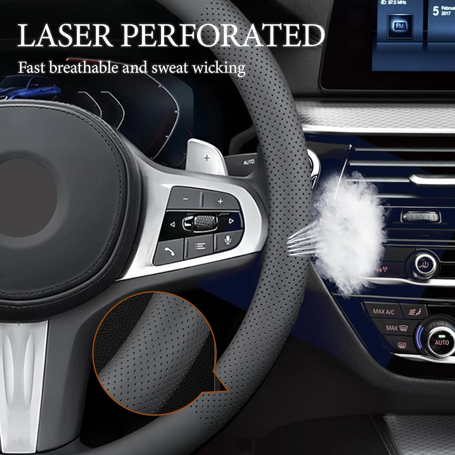 Car Steering Wheel Cover, Genuine Leather 15 Inch, Universal Breathable O-Shaped, D-Shaped Steering Wheel Protector, anti Slip Soft Leather Steering Wheel Cover Full Surround (O Shaped) image number 2