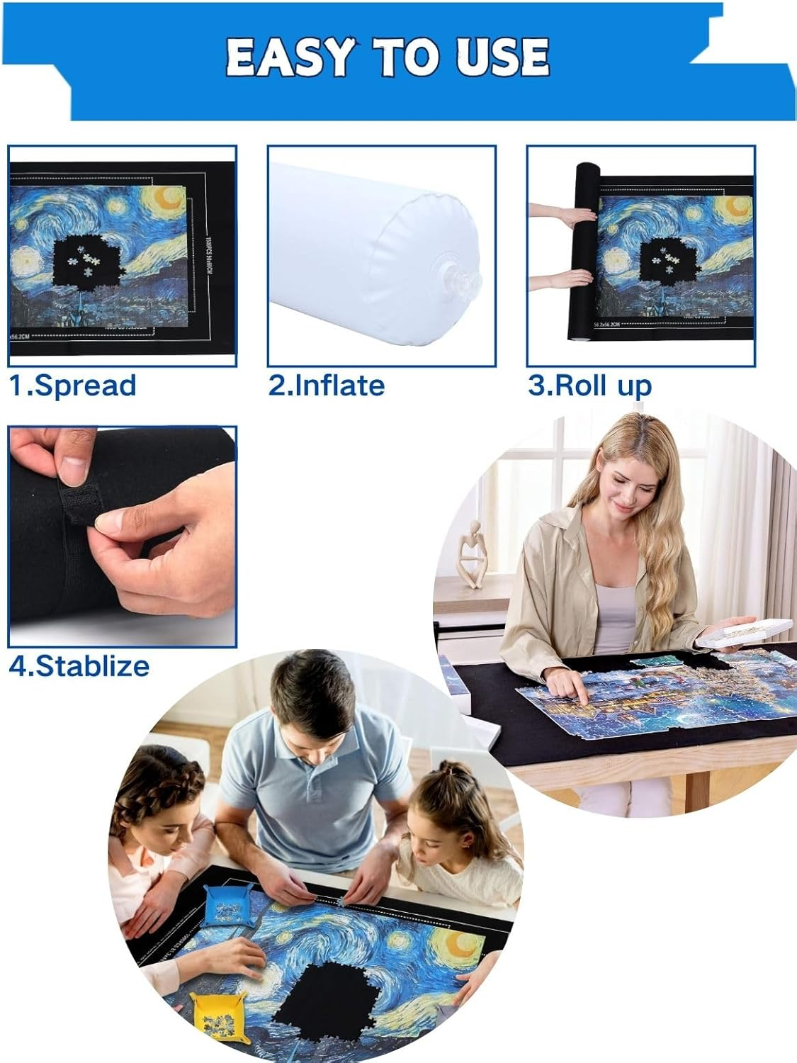 Roll-Up Jigsaw Puzzle Mat for 500-2000 Piece Puzzles Storage, Soft Felt Weave with 4 Sorting Trays & Bag, Portable Organizer for Adults & Teens, Travel-Friendly Puzzle Lovers image number 3