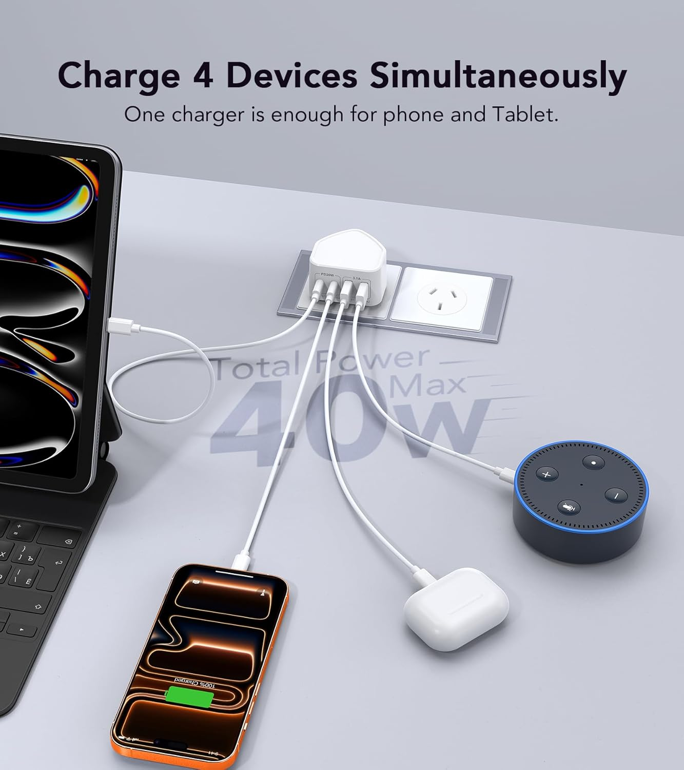 USB C Charger Block, 40W 4 Port PD + QC USB C Wall Charger Plug Power Adaptor Multiport Type C Fast Charging Block Cube Brick for Apple Iphone 17 16 15 14 13 12 11 Pro Max XR XS, Ipad Pro, Samsung image number 1