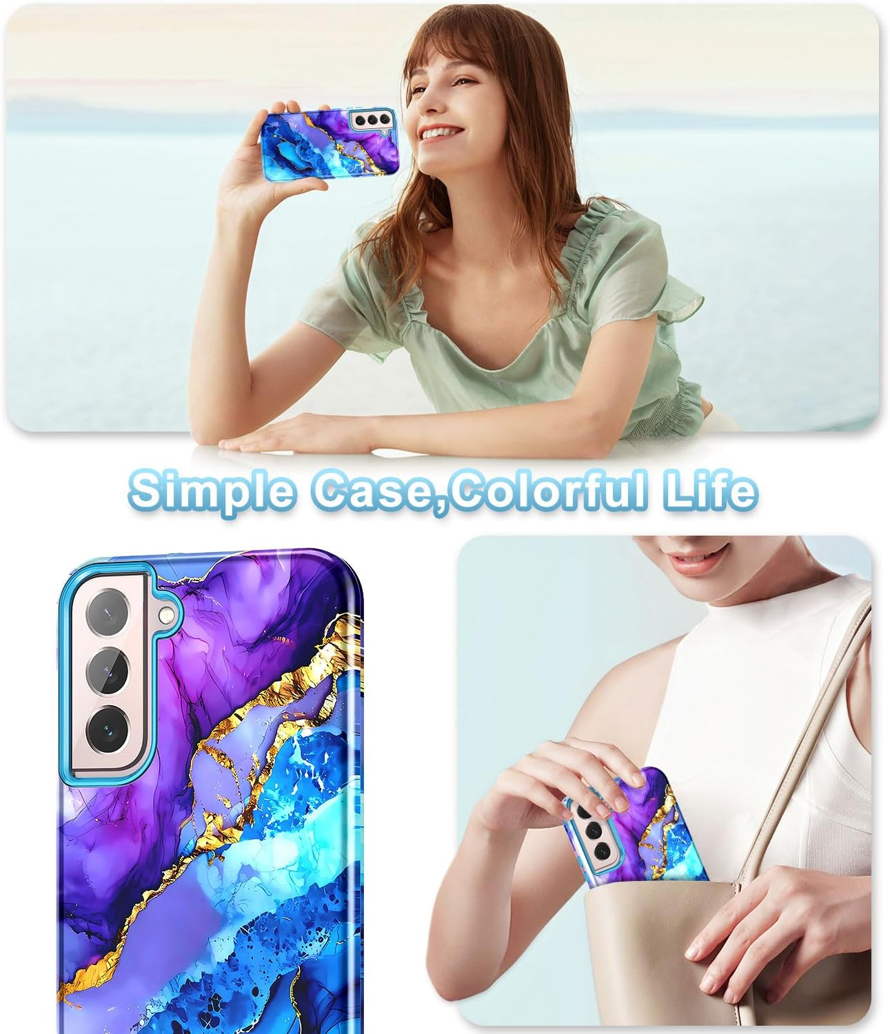 Btscase for Samsung Galaxy S22 5G Case,Marble Pattern 3 in 1 Heavy Duty Shockproof Full Body Rugged Hard Pc+Soft Silicone Drop Protective Women Girl Cover for Samsung Galaxy S22 6.1 Inch,Sky Blue - Colorful image number 3