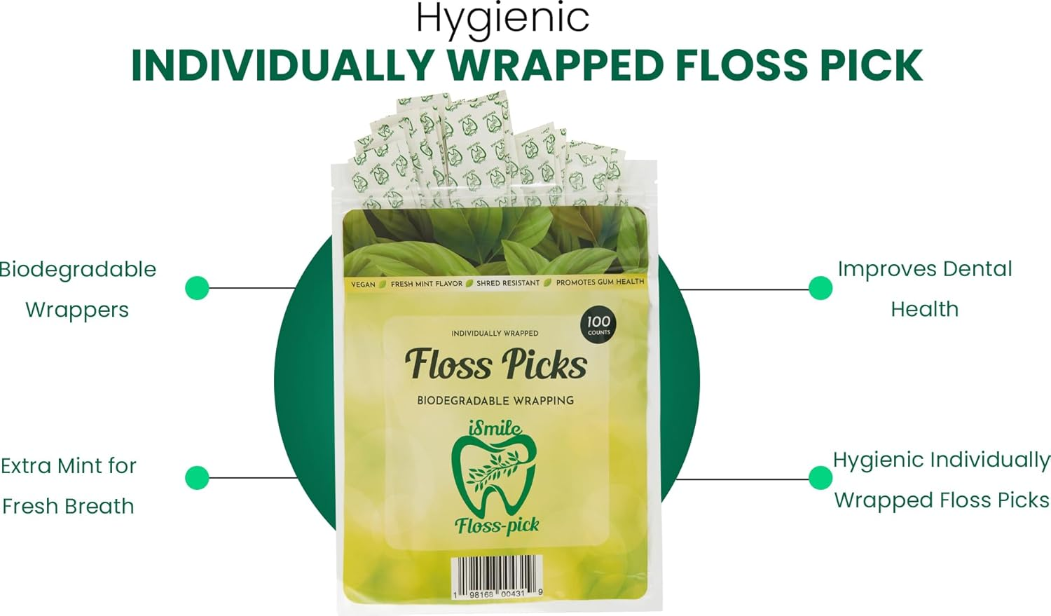 I-Smile Dental Floss Picks Individually Wrapped in Biodegradable Paper, Extra Mint Flavor, Promotes Gum Health, Shred Resistent
