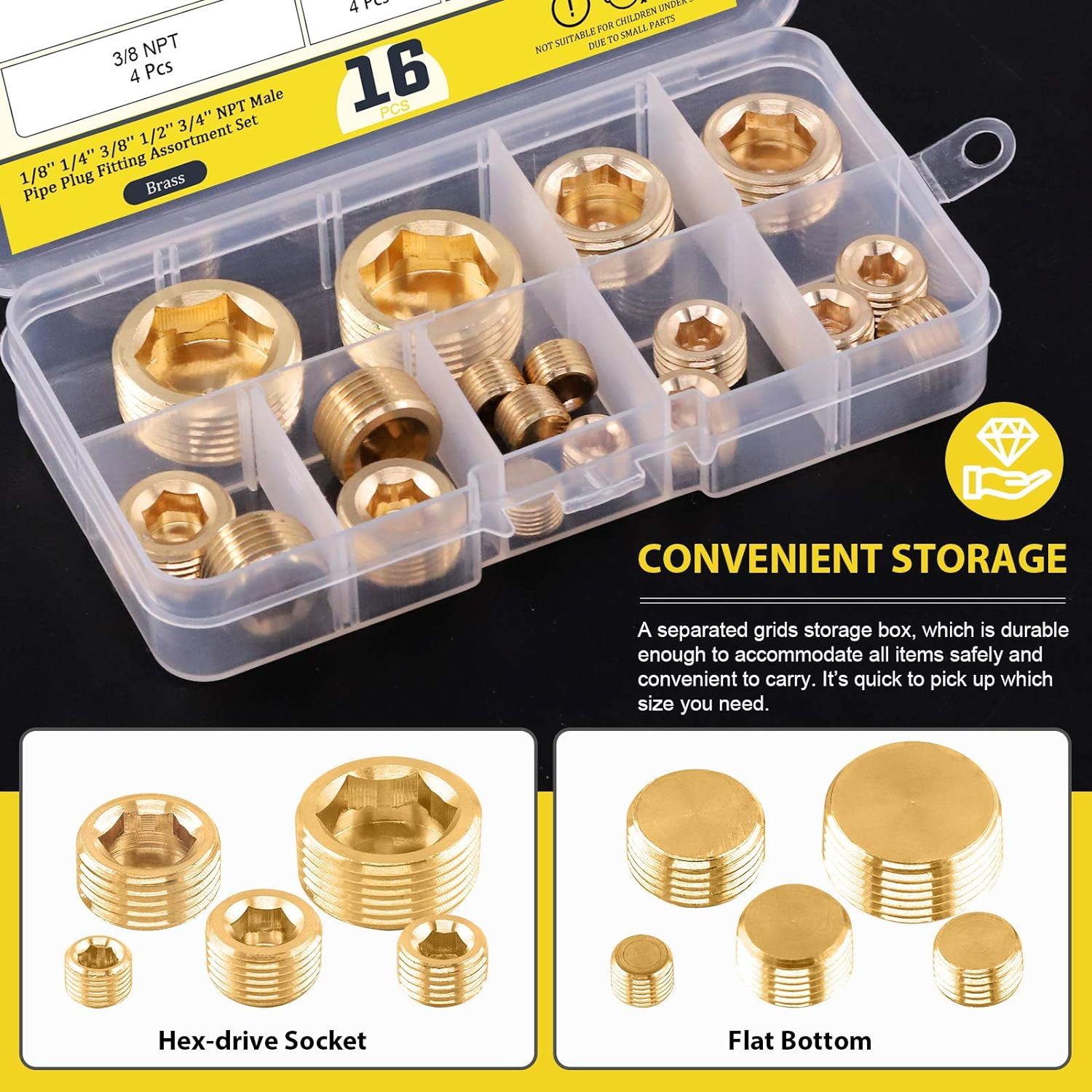 16Pcs 5 Sizes Brass NPT Plug Assortment Kit, 1/8" 1/4" 3/8" 1/2" 3/4" Internal Hex Counter Sunk Pipe Fitting Male Thread Pipe Plug Set