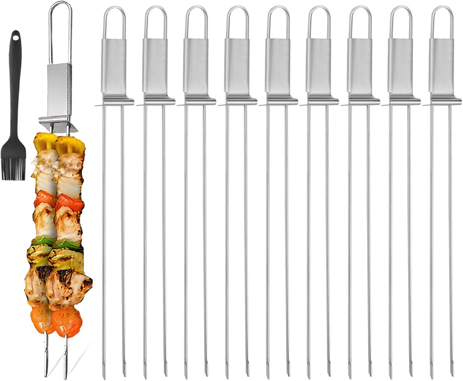 BBQ Skewers, Premium 304 Stainless Steel BBQ Skewers,15 Inch Heavy Duty Metal Kabob Sticks for Grilling, Reusable & Dishwasher Safe (Single Fork8)