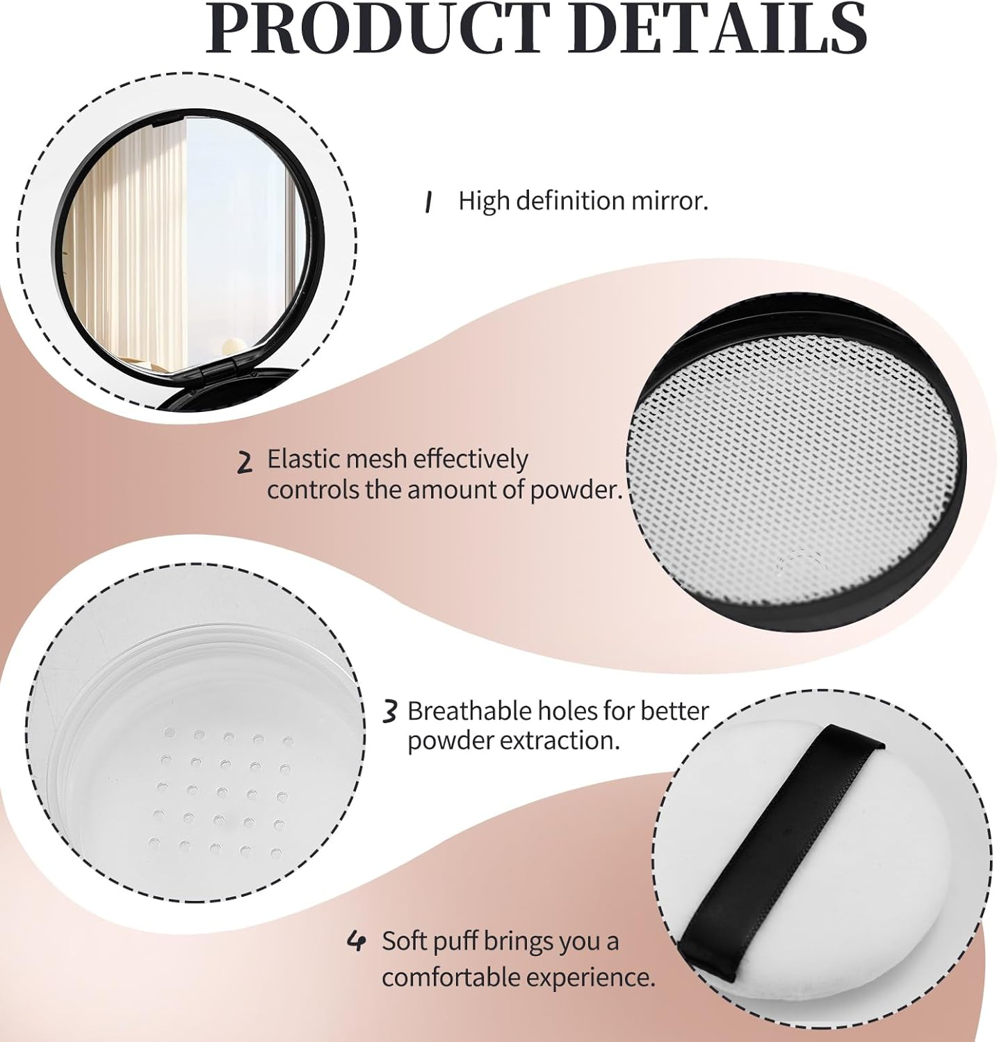 4Pcs Loose Powder Containers with Powder Puff, Plastic Reusable No Leak Powder Compact with Mirror and Puff, Refillable Empty Makeup Containers, Travel Powder Container with Elasticated Net Sifter and Lid (Black) image number 2