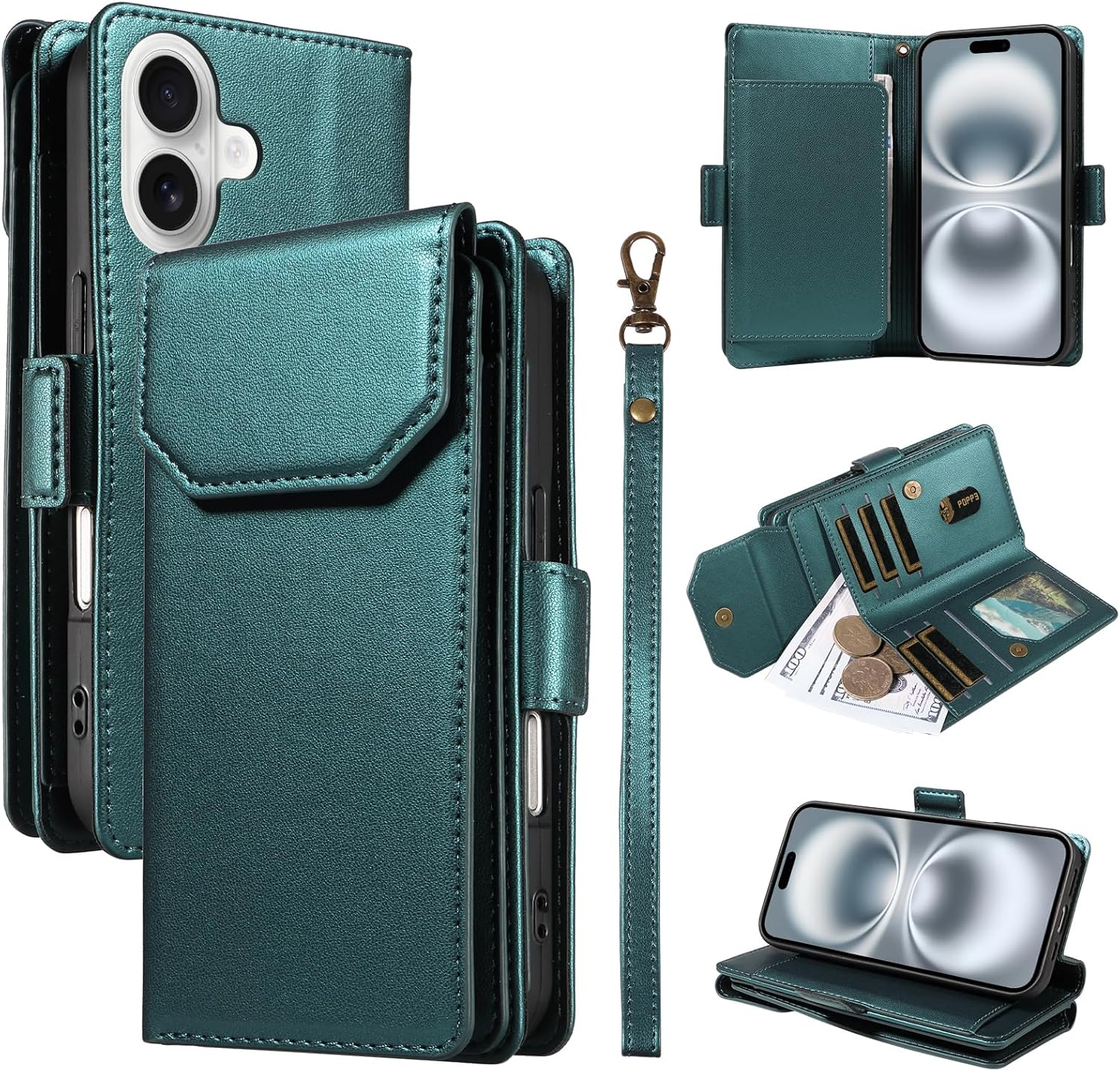 For Iphone 17 Pro Wallet Case with Card Holders Money Slots Wrist Strap,For Iphone 17 Pro Leather Folio Flip Case Kickstand Phone Cover-Wine Red