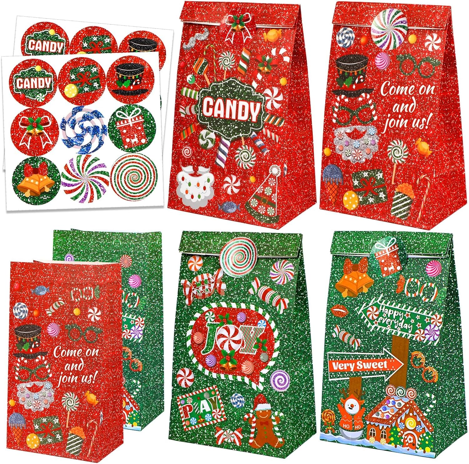 Rukoy 100 PCS Christmas Candy Bags,Christmas Paper Bags,Merry Christmas Candy Bags with Stickers, 12Pcs Christmas Peppermint Treat Bags for Xmas Holiday Party Favors Lollipops Goodie Bags, Party Gift Bags for Present Packing image number 6