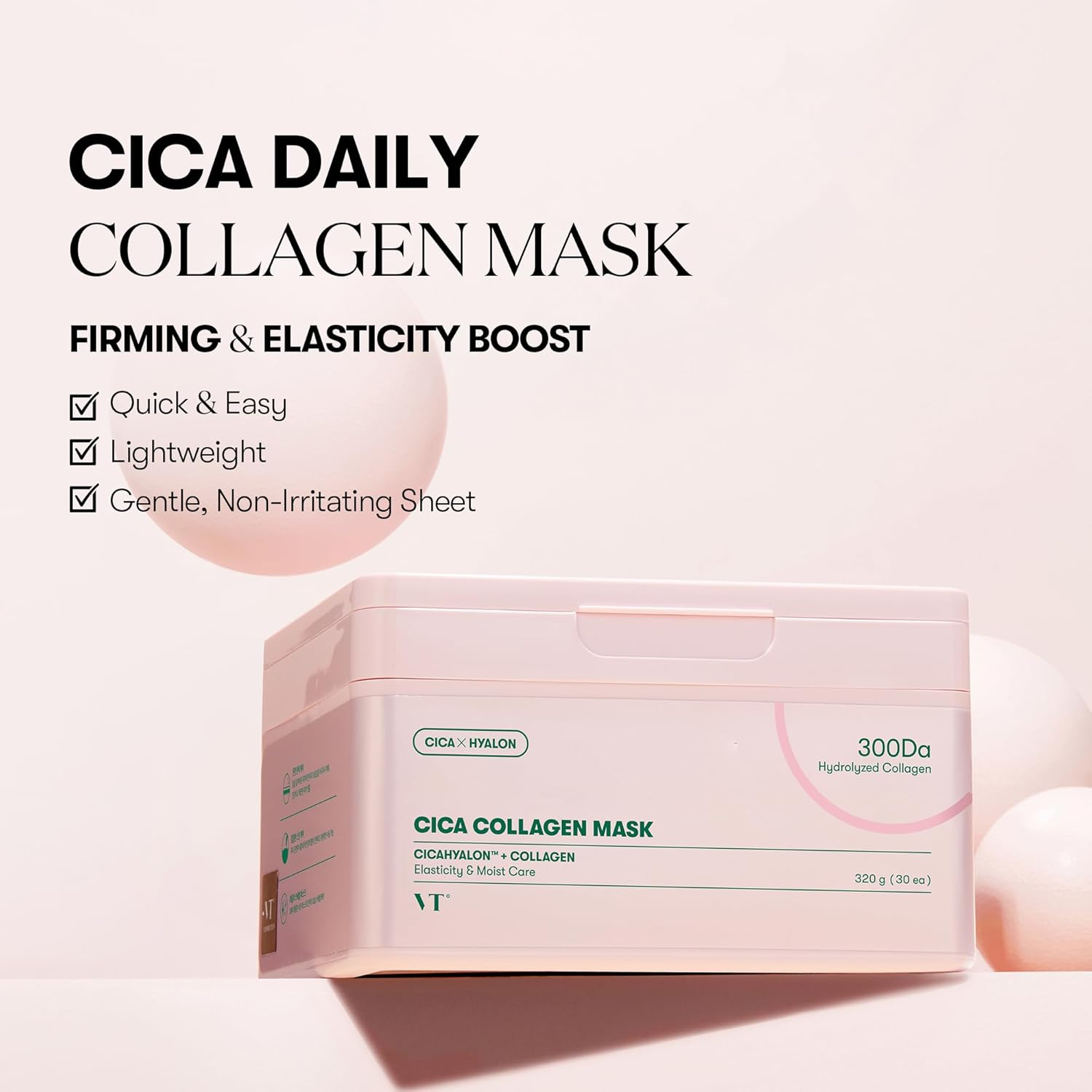 VT COSMETICS CICA Collagen Daily Mask (30 Sheets), 300Da Low Molecular Collagen for Firming, Hydrating & Improving Skin Elasticity, Glass Skin, Korean Skincare