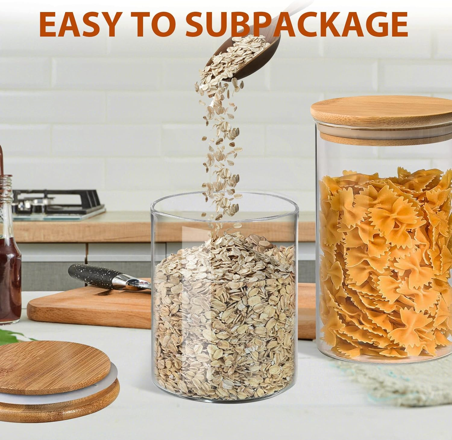 ENLOY Glass Food Storage Jars 32 OZ Set of 3, 3 Pack Airtight Food Storage Jar with Bamboo Lid, Clear Food Canisters for Nuts, Coffee Beans, Sugar, Flour, Snacks, Spice and More (950Ml) image number 2