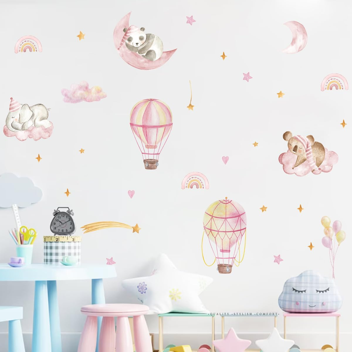 Pink Hot Air Balloon Elephant Panda Rainbow Wall Decals the Moon and Stars Nursery Wall Stickers Baby Girl Room Wall Decor image number 4