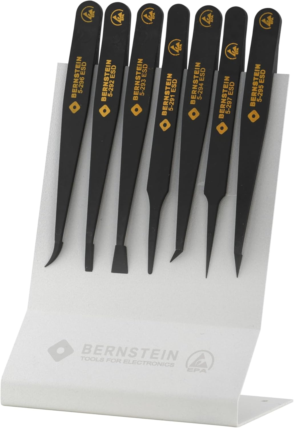BERNSTEIN ESD Tweezers Set of 7 Made of Antistatic Plastic with Holder - Ideal for Electronics, Precision Mechanics & Laboratory