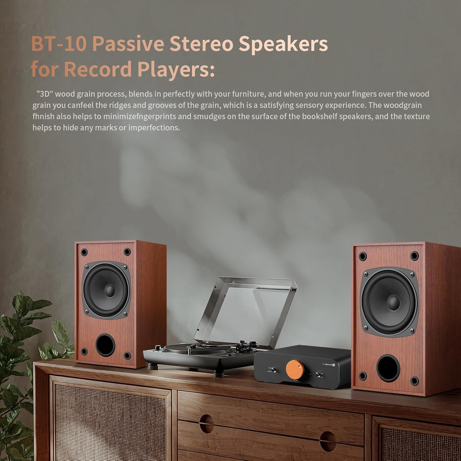 WMQ Passive Bookshelf Speakers Pair,30W *2 ，Stereo Hi-Fi Speakers with 4" Full-Range Driver & Built-In Wall-Mount, MDF Wood Enclosure,Ideal for Turntable, Needs Amplifier/Receiver (Wood Grain Color)