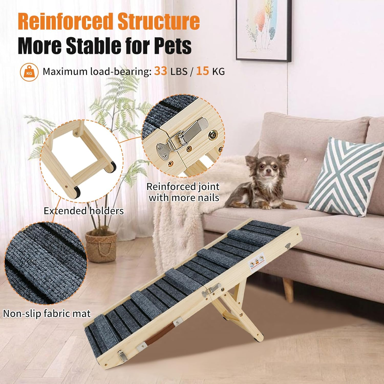 Wooden Dog Ramp, Dog Stairs for Small Dogs and Older, Adjustable 20-45 Cm, with Non-Slip Step Mat, Ramp for Pets, Portable Foldable for Bed or Sofa Car image number 5