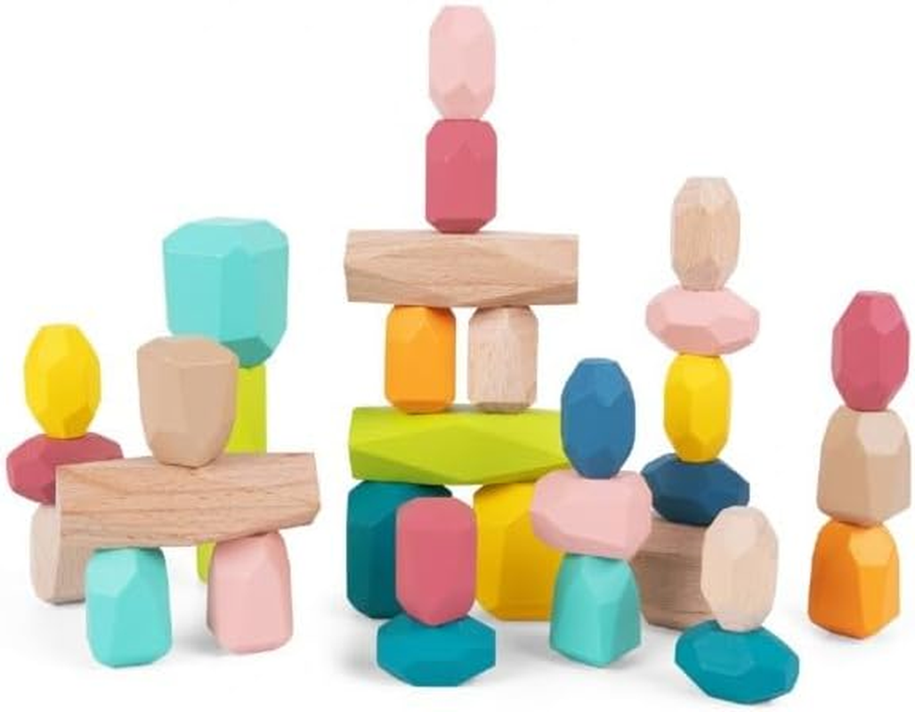 Tooky Toy Wooden Stacking Large Stone Rock Blocks Toy 32-Piece Balancing and Stacking Set for Kids image number 3