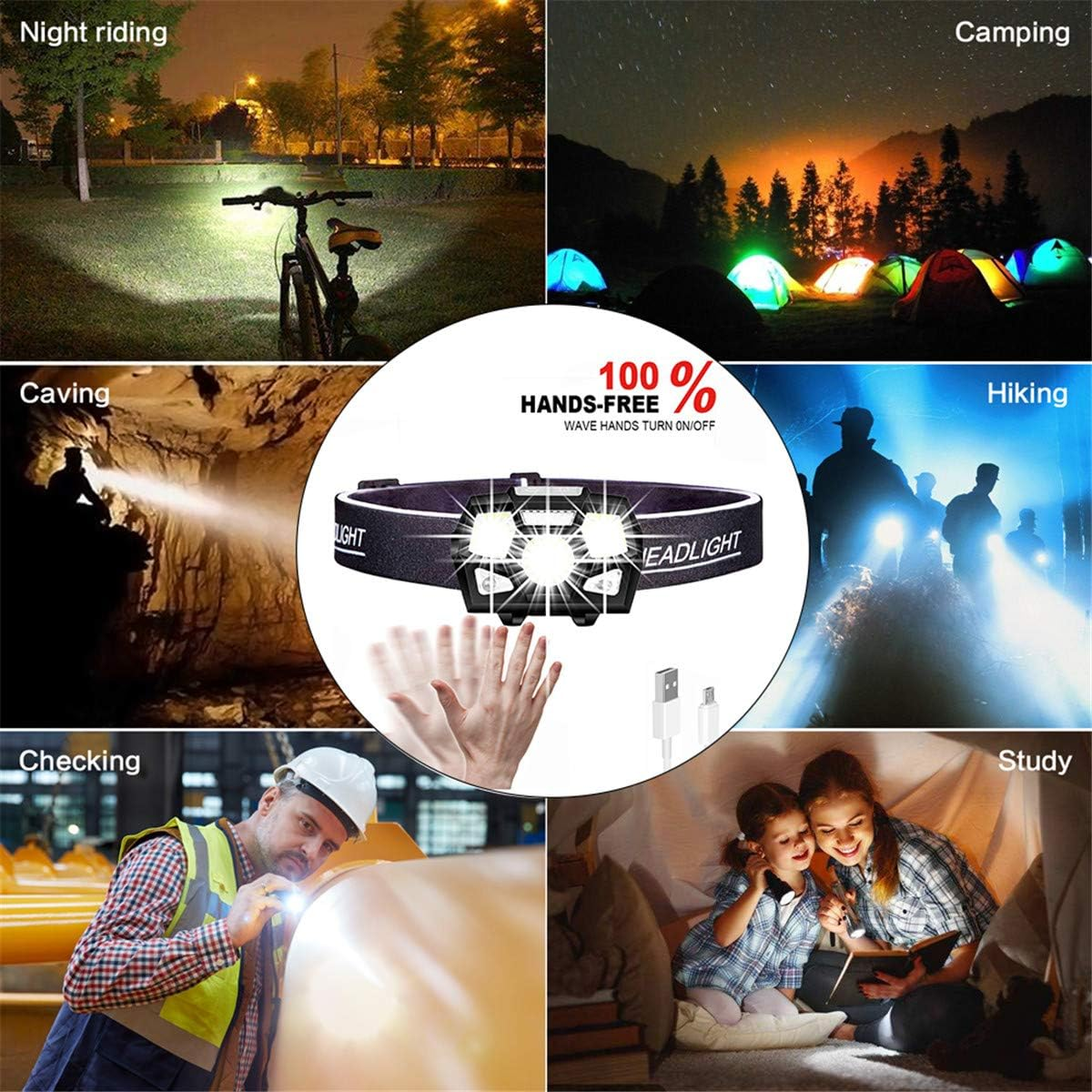 Motion Sensor Headlamp Flashlight USB Rechargeable Waterproof LED Head Lamps 400 Lumens Lightweight Headlight for Indoor Outdoor Camping Hiking Running Fishing, 2 Pack image number 5