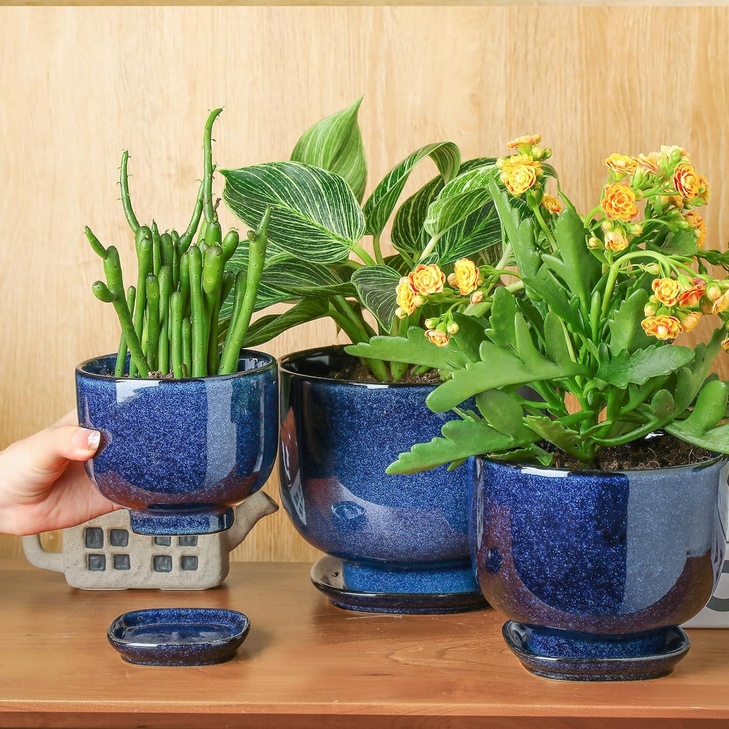 Vicrays Ceramic Plant Pots Indoor - 6.8/5.5/4.3 Inch Planter Pot with Drainage Hole and Saucer for Succulent Orchid Flower Herbs Cactus - Gardening Home Desktop Office Decor &ndash; Set of 3 Blue image number 1