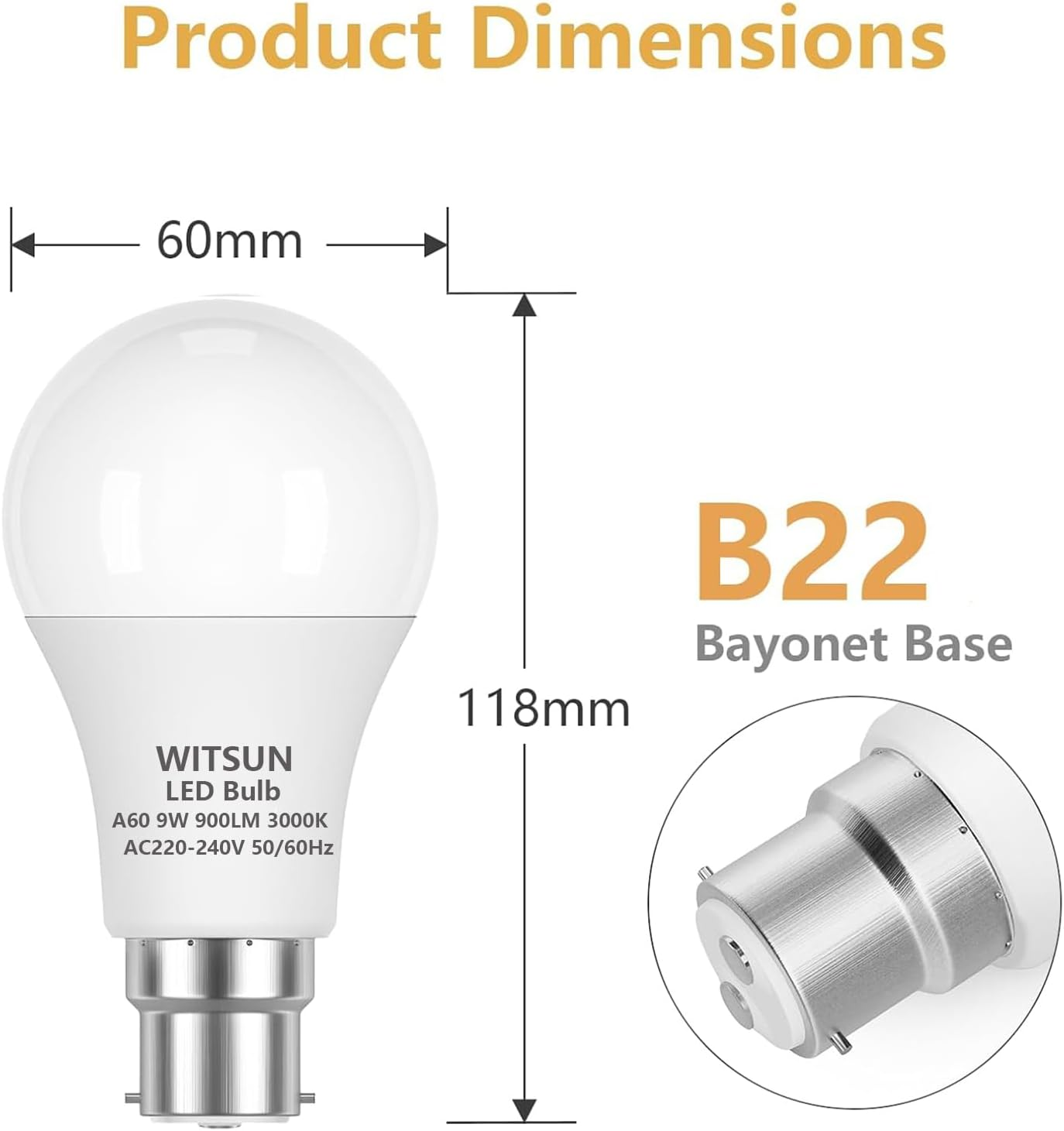 B22 Bayonet Cap LED Light, 9W = 90W Equivalent Bulb, 900LM Lumens, 3000K Warm White Standard BC A55 LED, Bright Energy Saving Non-Dimmable, CRI>80, 230V, 50-60Hz - Pack of 8