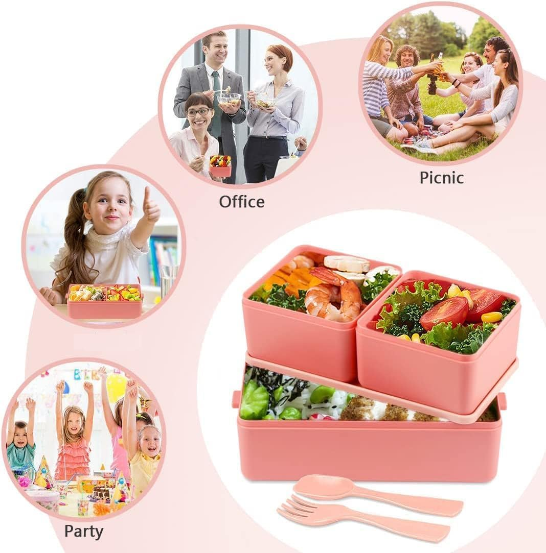 Lunch Box Stackable, 1400Ml Bento Box with Spoon Fork, Leak Proof 2 Layer Boxes with 3 Removable Compartments and Cutlery, for Adults Kids Office Microwave Dishwasher Safe Available (Pink) image number 3