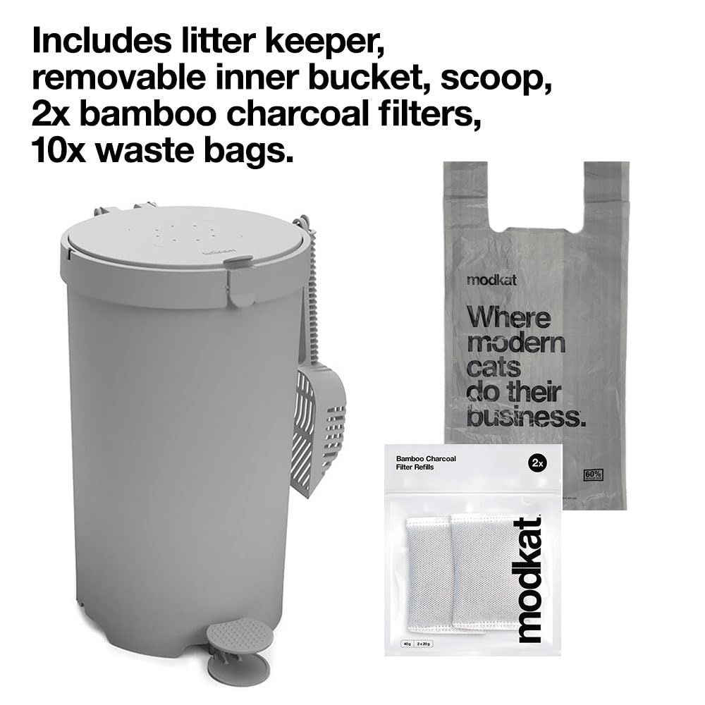 Modkat Litter Keeper - Cat Litter Disposal (Includes Litter Scoop, 2X Bamboo Charcoal Filters, and 10X Recycled Waste Bags (Gray) image number 3