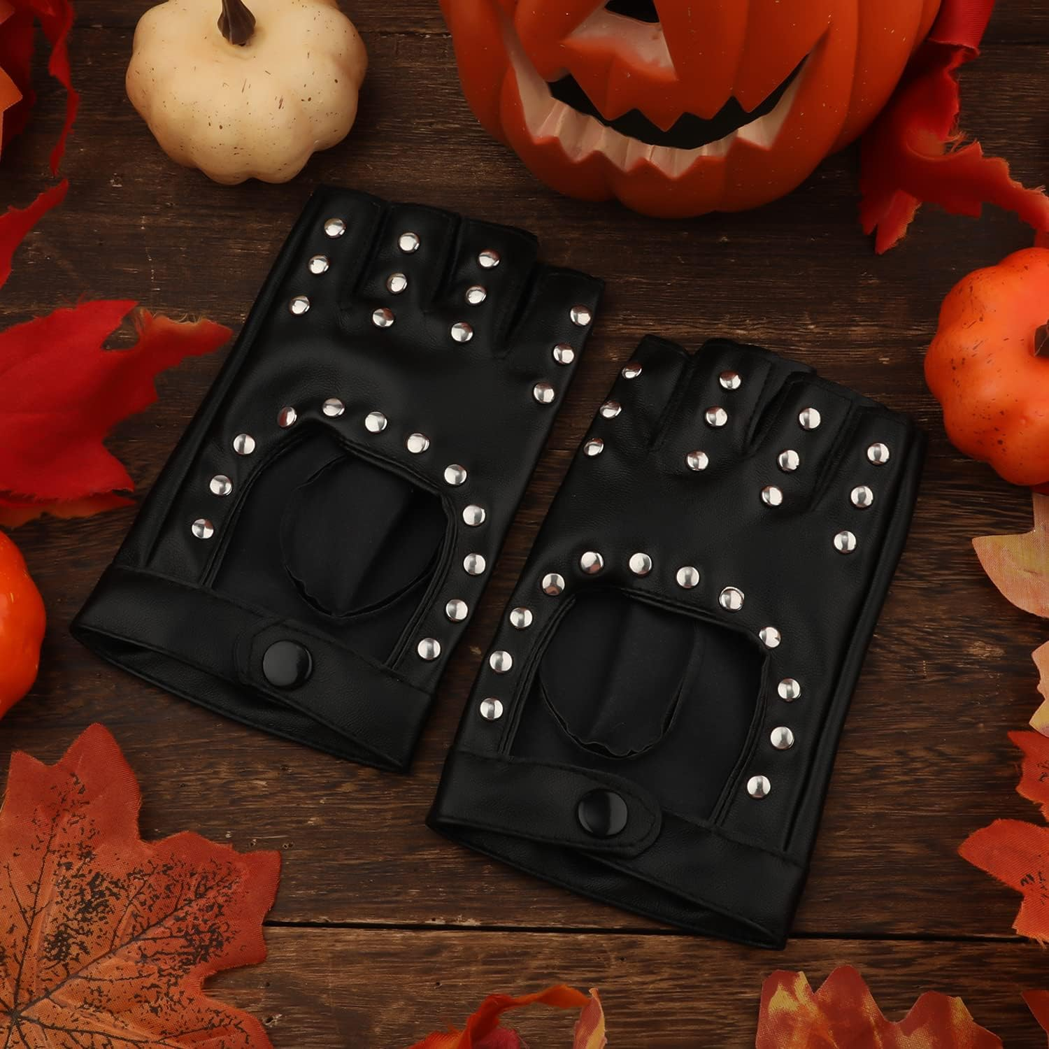 1 Pair Half Finger Leather Gloves, Stylish Fingerless Leather Gloves with Rivets Biker Punk Gloves for Halloween Women Girls Cosplay Performance (Black), Black, Medium image number 1