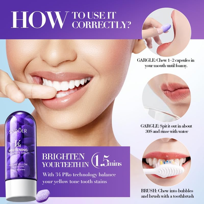 V34 Whitening Toothpaste Tablets, 30 Tablets, Removes Yellow Stains image number 6