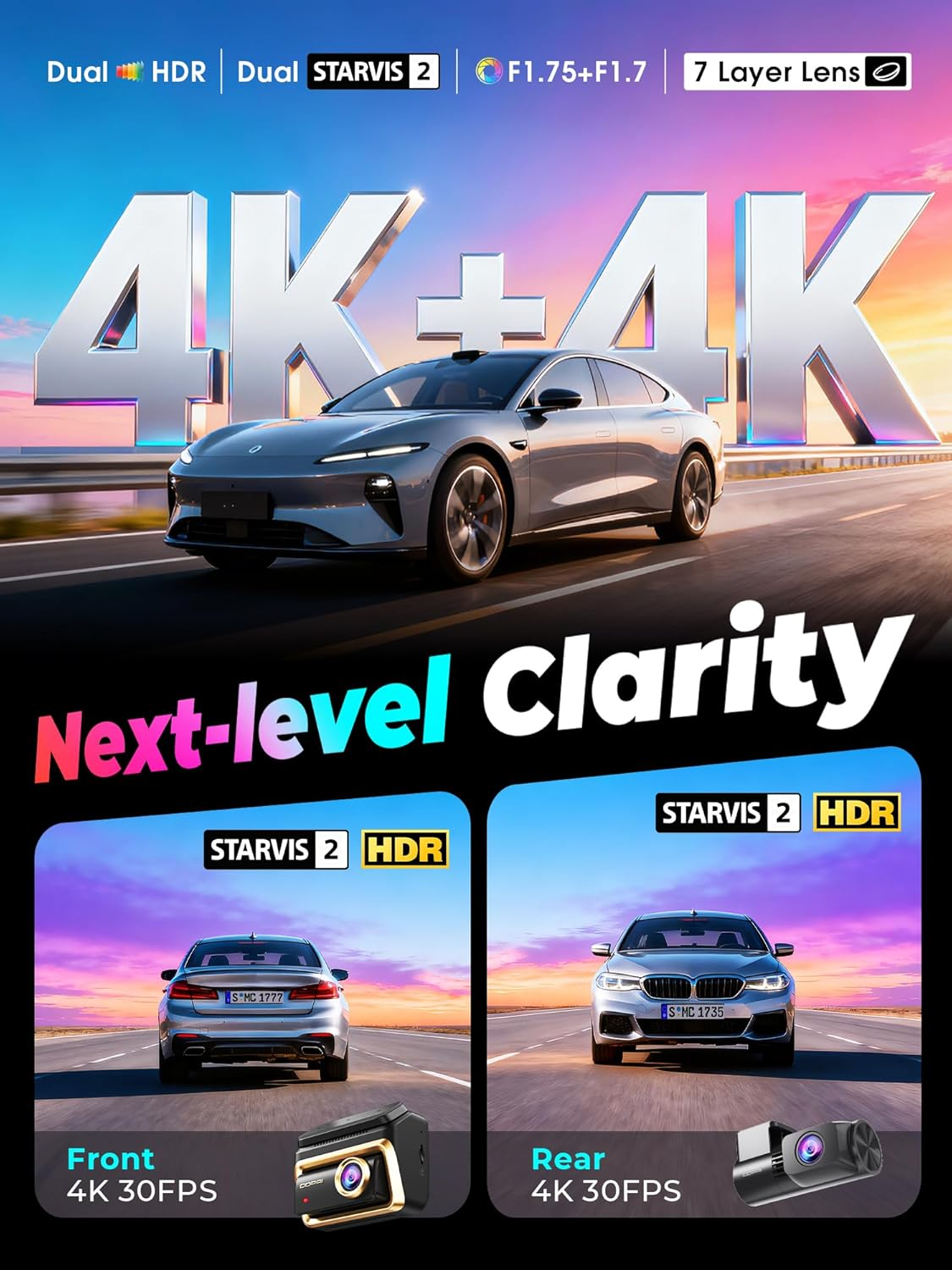 DDPAI 4K+4K Dash Cam, Dual STARVIS 2 IMX678 Dashcam Car Front and Back, Free 128G Emmc, Dual HDR, 3K/60FPS, 5G Wifi, GPS, 3" IPS, AI ISP Night Vision, 24H Parking Mode, 4G Available, Z90 Master image number 2