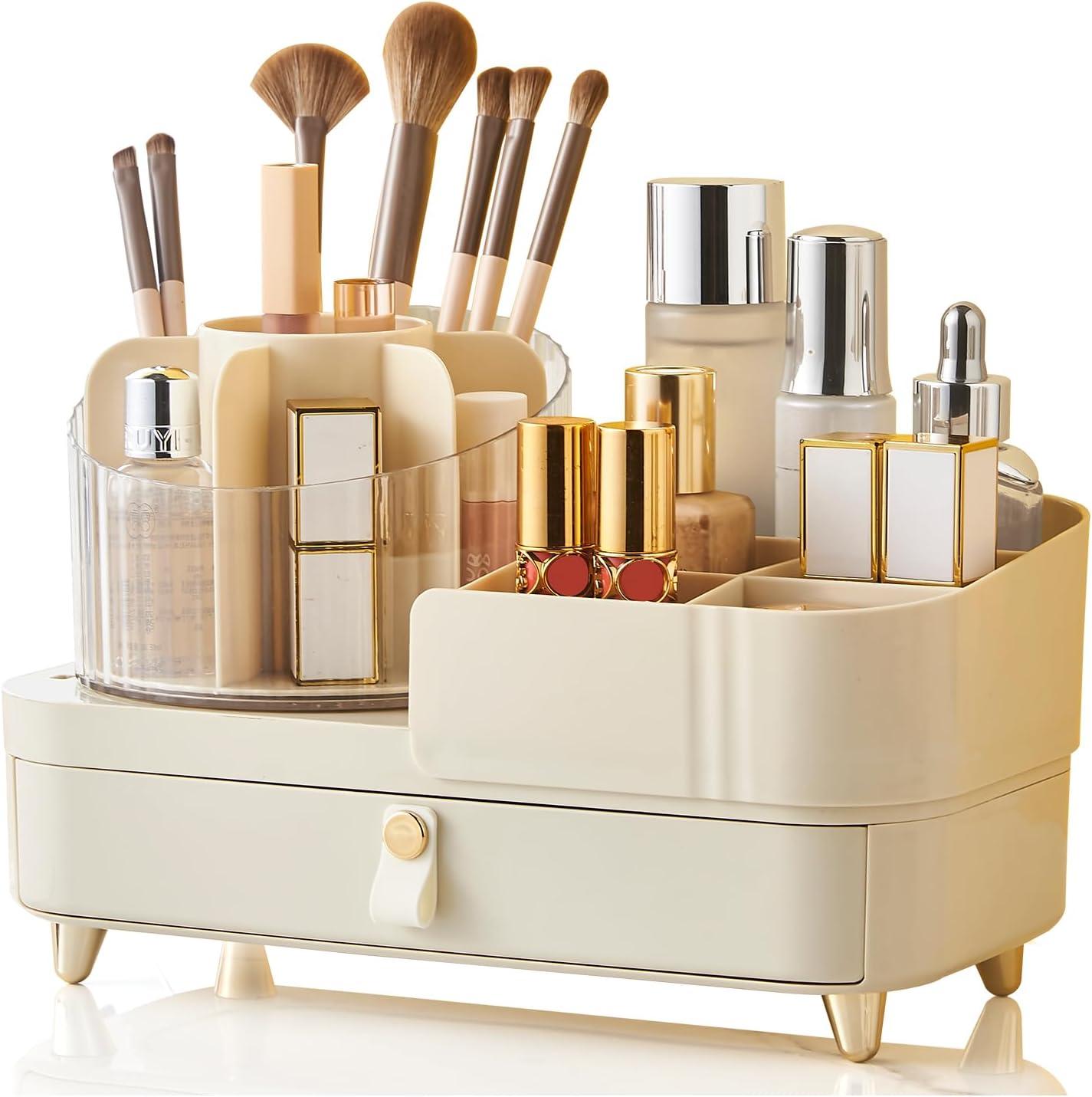 DASITON 360&deg; Rotating Makeup Organizer with Drawers,Large Capacity Cosmetic Display Case,Skincare Organizer with Makeup Brush Holder,Makeup Storage Organizer for Vanity,Desktop,Bathroom (Cream) D1104