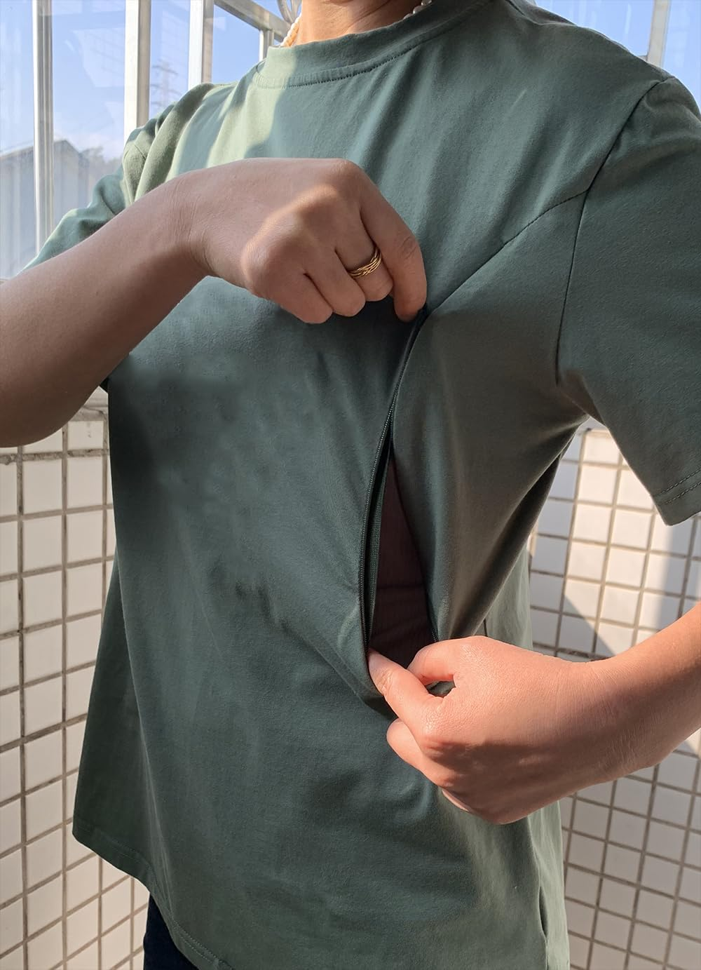 Women Maternity Shirt Comfort Breastfeeding Nursing Friendly Zip Tshirt Causal Mama'S Boobery Always on Tap Shirt image number 6