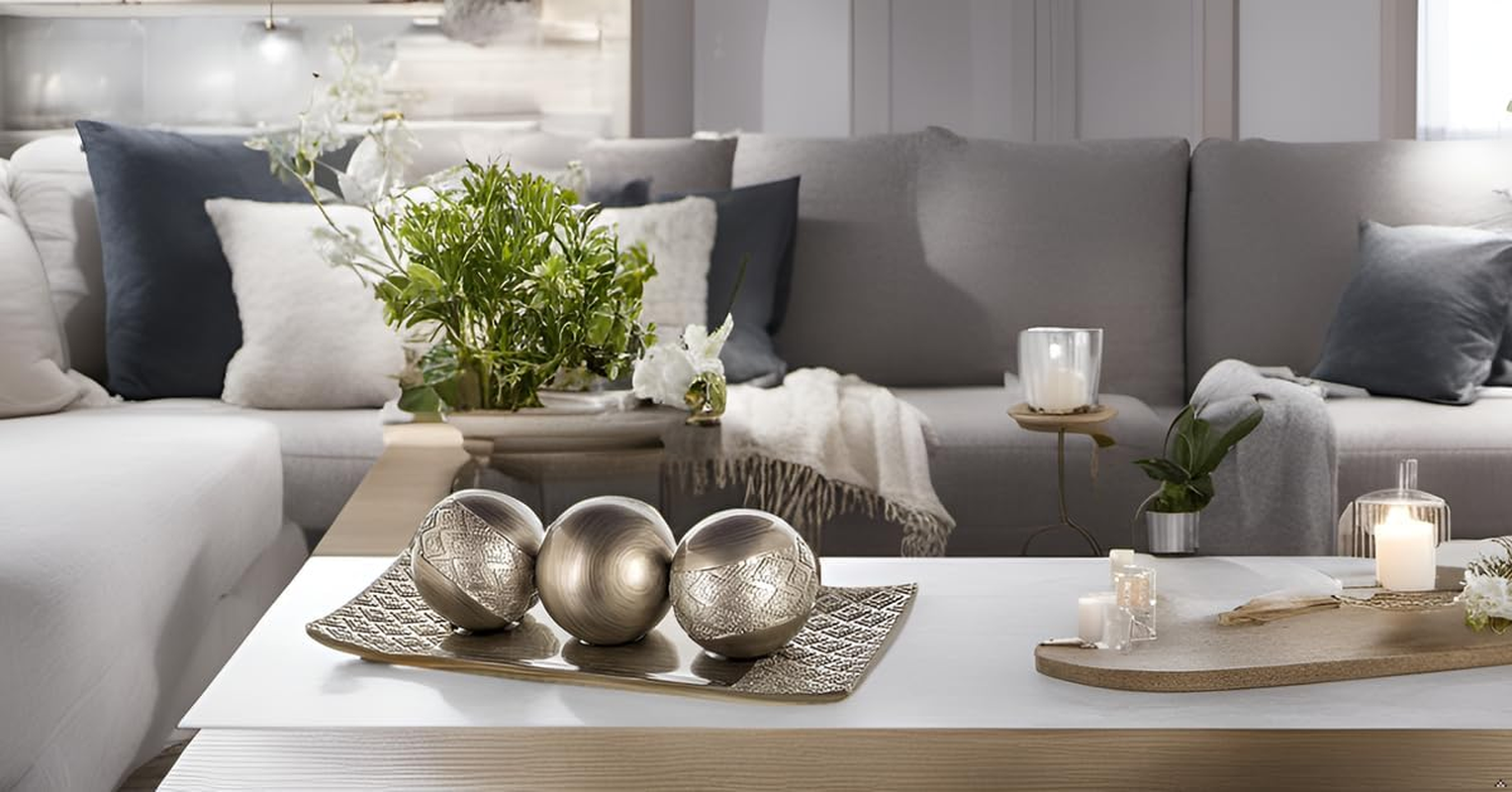 (Brushed Silver) - Dublin Decorative Tray and Orbs/Balls Set of 3, Centrepiece Bowl with Balls Decorations Matching, Rustic Decorated Spheres Kit for Living Room or Dining/Coffee Table, Gift Boxed (Brushed Silver) image number 3