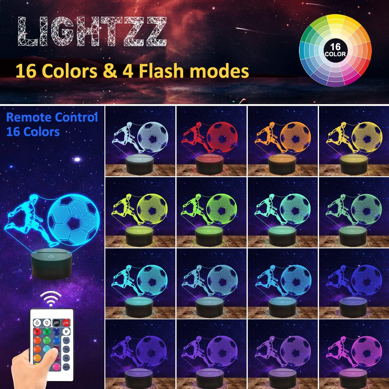 Football Gifts for Kids Boys, 3D Illusion Lamp Football Player Night Light with Remote + Touch 16 Color Flashing Changing + Timer Lamps for Men Sports Bedroom Decor image number 4