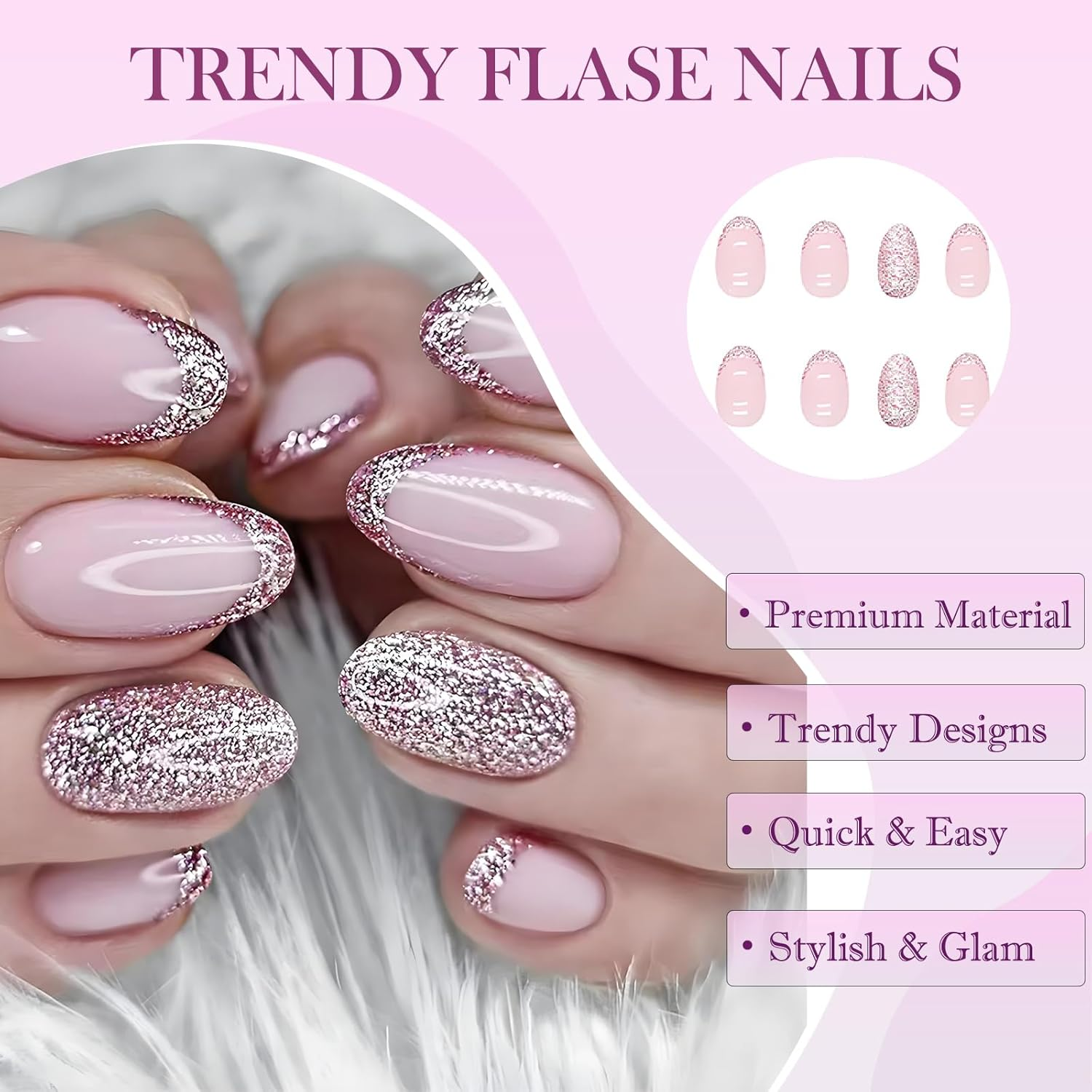 24 Pcs Short Glitter-Pink Press-On Nails, Glossy French Tip False Nails &ndash; 12 Sizes Custom Fit, Durable Abs/Acrylic, Adhesive Tabs Included, DIY Manicure Set for Women & Girls