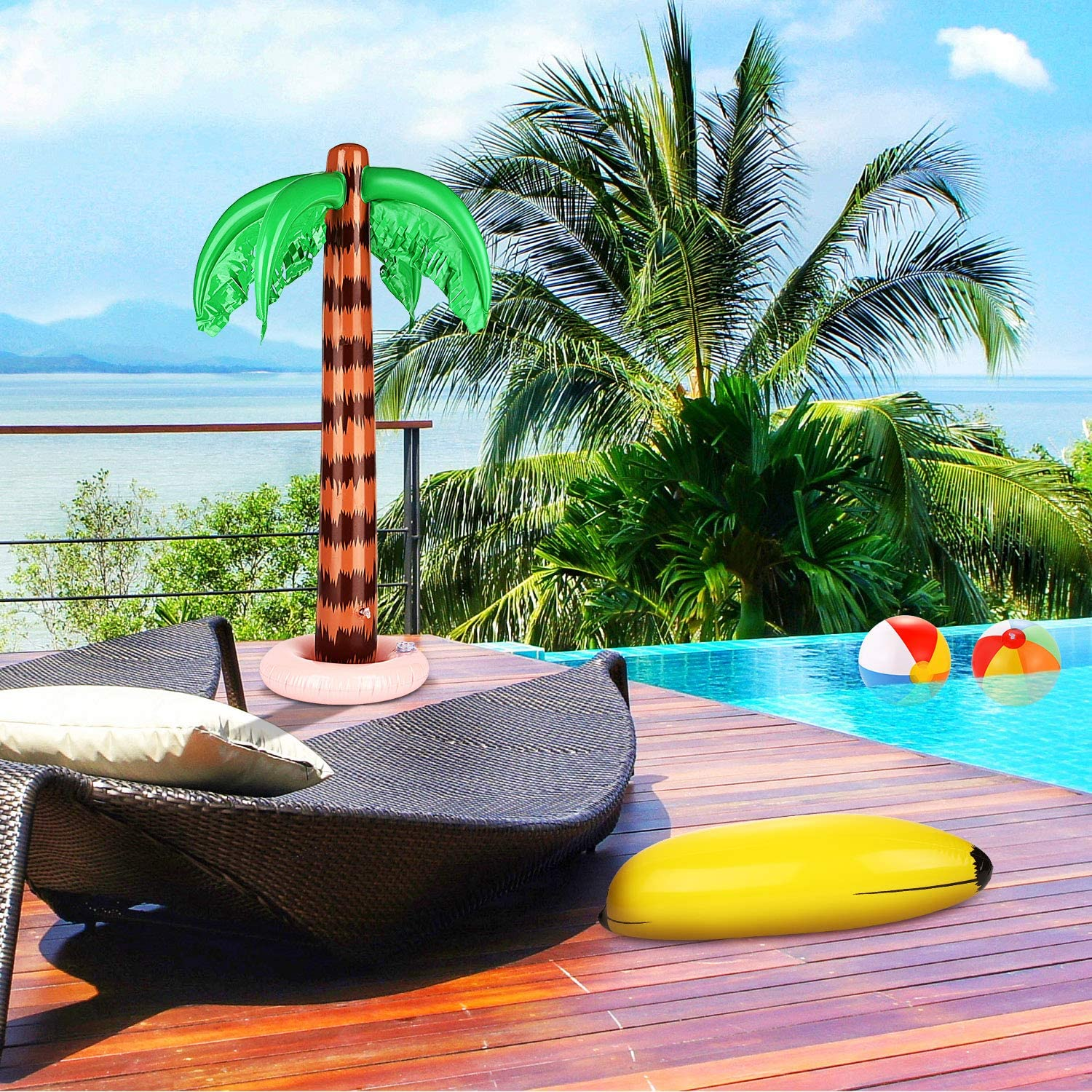 Meekoo 6 Pieces Inflatable Palm Trees Jumbo Coconut Trees Colorful Beach Balls Rainbow Color Balls Beach Inflatable Bananas for Hawaii Beach Luau Party Backdrop Decoration image number 1