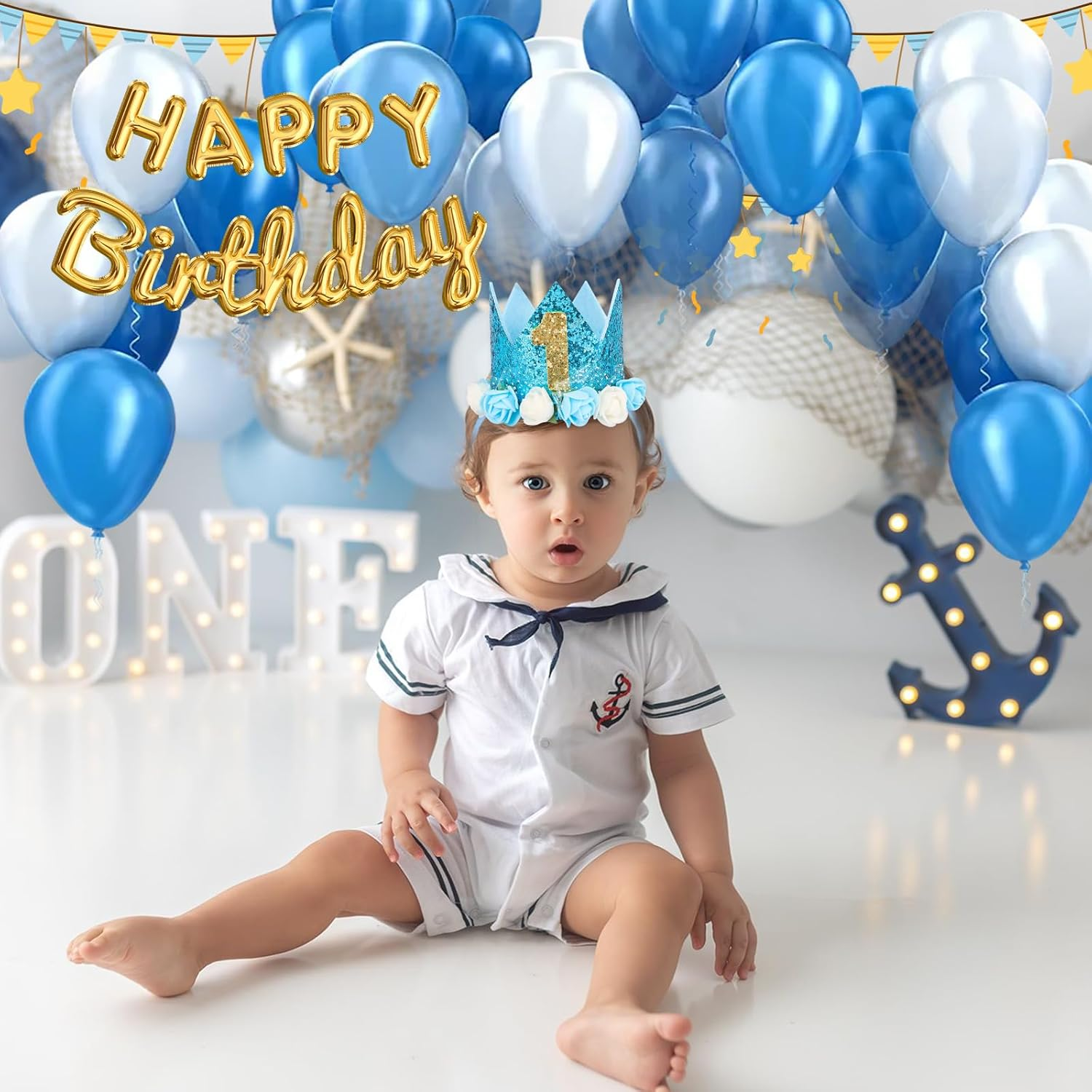 Kufaerbeam First Birthday Crown Hat and Birthday Flag for Baby Girls, 1St Birthday Crown Hat Decorations with Cute Floral, Headband Gift Photo Prop 1St Birthday Party Supplies for Baby image number 4