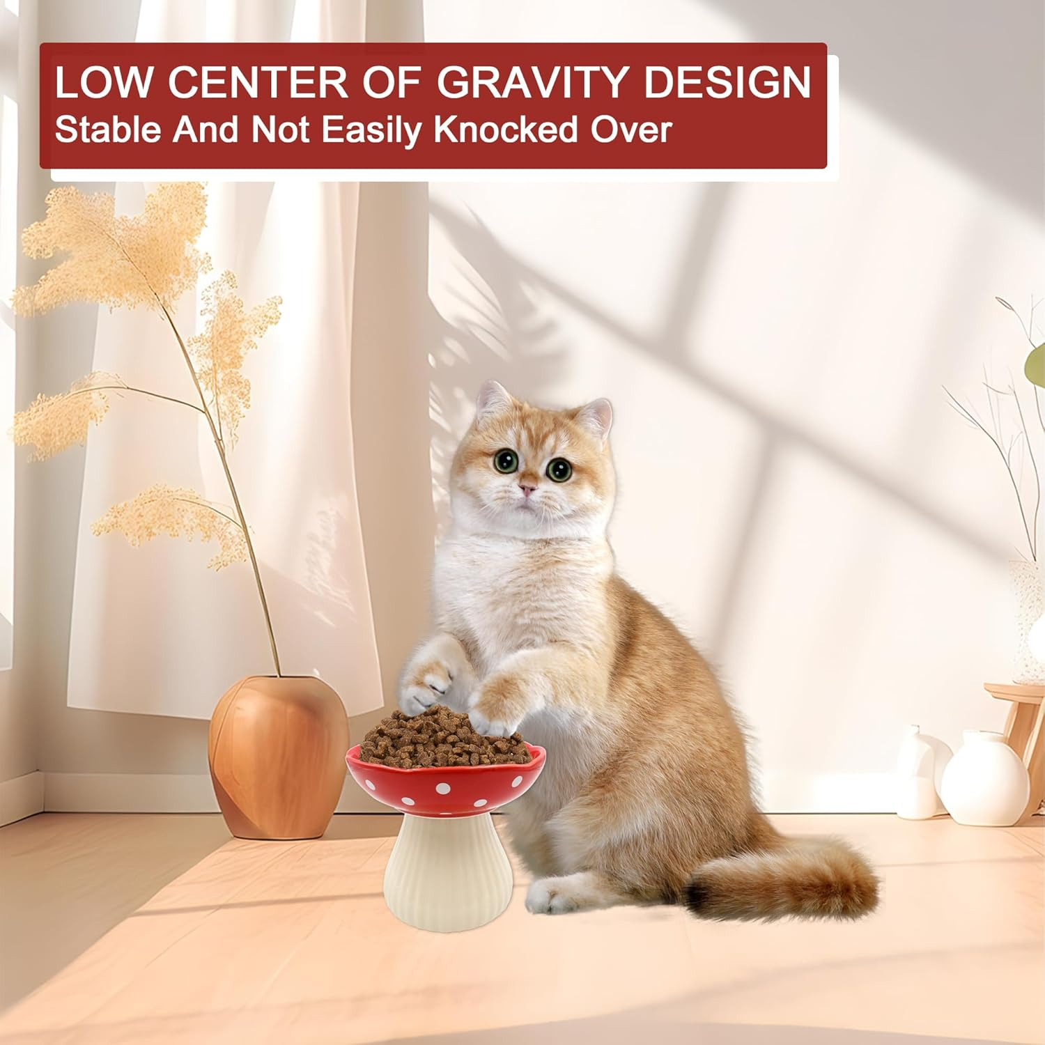 Ceramic Raised Cat Bowl, Wide Shallow Elevated Cat Bowls Whisker Friendly, Cute Mushroom Cat Food Bowls Elevated for Flat Faced Kitten, Cat Dishes for Food and Water (Red) image number 1